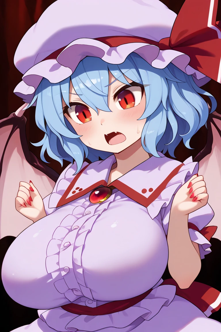 masterpiece、top-quality、1girl in、(I'm wearing a mob hat)、Medium hair with blue hair、red blush、the bow、ascot、wingspan、Bedroom background、Colossal tits、A slender、remilia scarlet、a closeup、fullnude、Lying on your back、dripping with open mouth、cute face beautiful breasts