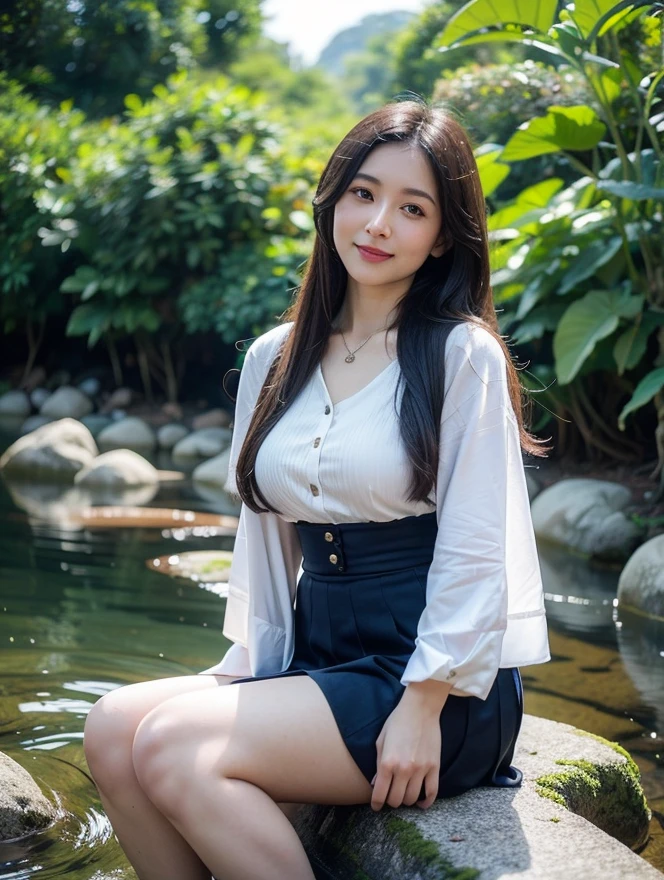 APS, fashi-girl,red lips,mature female,makeup, liuyifei,(best quality,4k,8k,highres,masterpiece:1.2),ultra-detailed,realistic:1.37,portrait,beautiful girl,youthful female model,sweet girl,masterpiece,extremely detailed description,super fine painting,exquisite face,slim figure,long legs,smile,radiant smile, Sitting on the bench of the gazebo, autumn, autumn wind and leaves