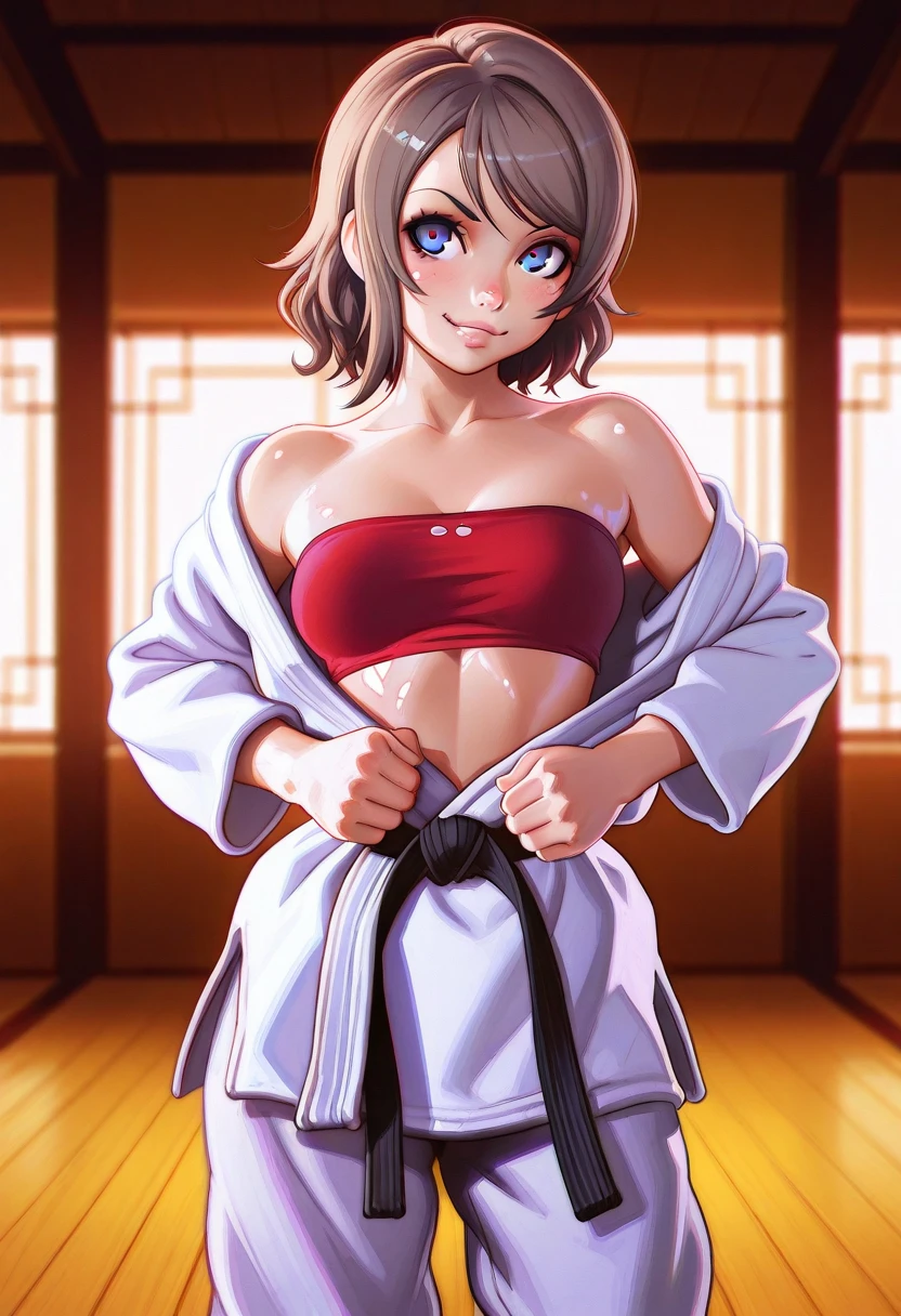1 girl, bob, center part, forehead, brown hair, piercing, brown eyes, smile,
BREAK (masterpiece), (high resolution 8K), cinematic lighting, professional lighting, detailed eyes and face, detailed body, 
BREAK  (judo:1.3), (white dougi:1.4),(black obi:1.3),black bra, japanese clothes ,(open clothes:1.2), 
BREAK standing, contrapposto,