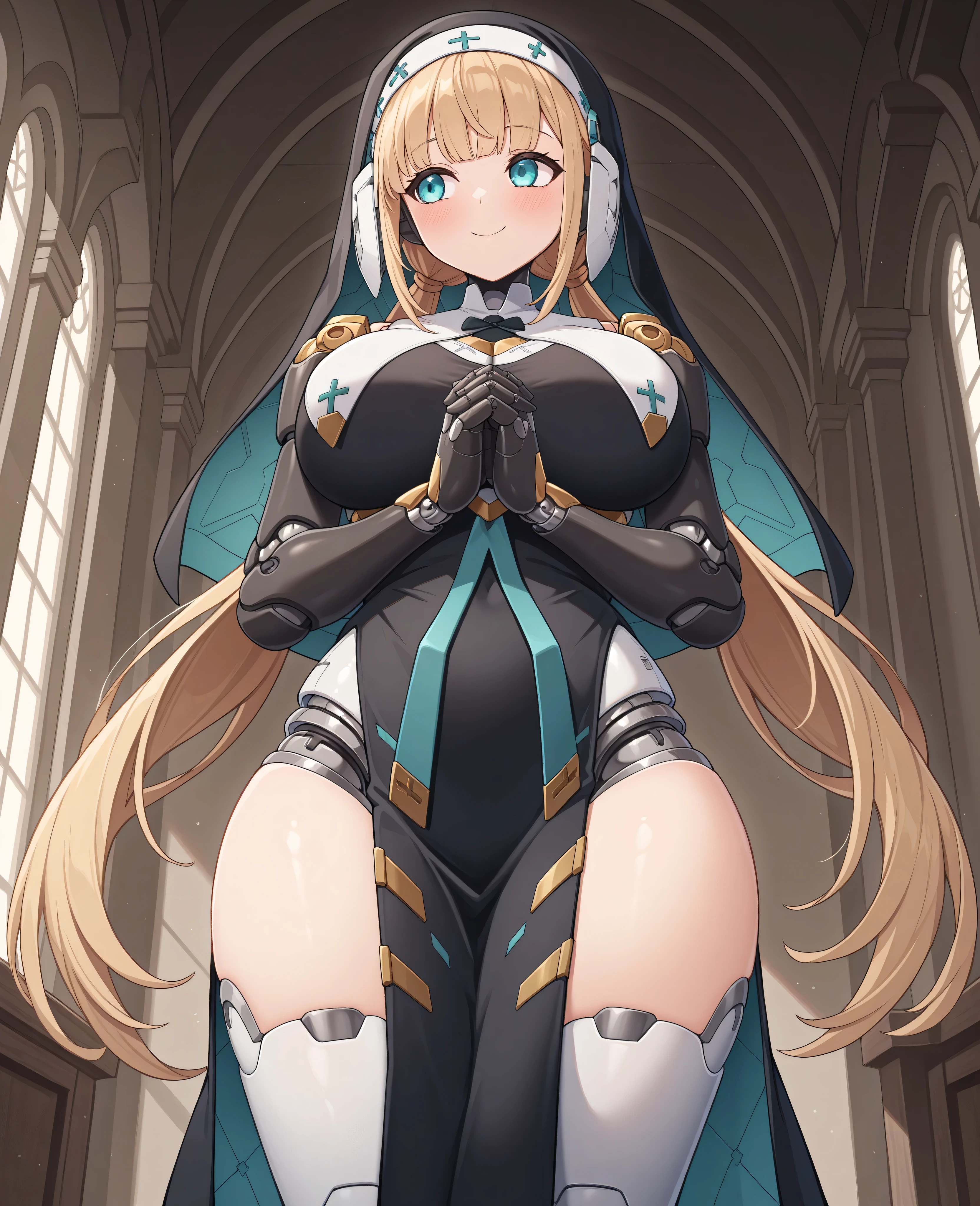 highres, best quality, masterpiece, indoors,
1girl, solo, gvlanull, android, robot joints, mechanical arms, very long hair, blonde hair, low twintails, aqua eyes, large breasts, 
nun, habit, black dress, pelvic curtain,
looking away, blush, smile,
standing, from below, own hands clasped, 
