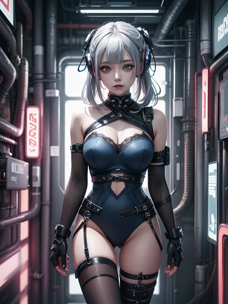 Masterpiece, Best Quality, Girls, Slender, Blue Eyes, Mint Green Hair, Iridescent, Long Hair Spreading, White Skin, Blood Vessels on Arms and Chest, Big, Cute, Sexy, Near Future, Cyberpunk, Bikini, Exposed Skin, Night, Psychedelic, Trip, Highly Colored, Paisley Themes, Open Legs, Mechanical Left Arm, Full Body