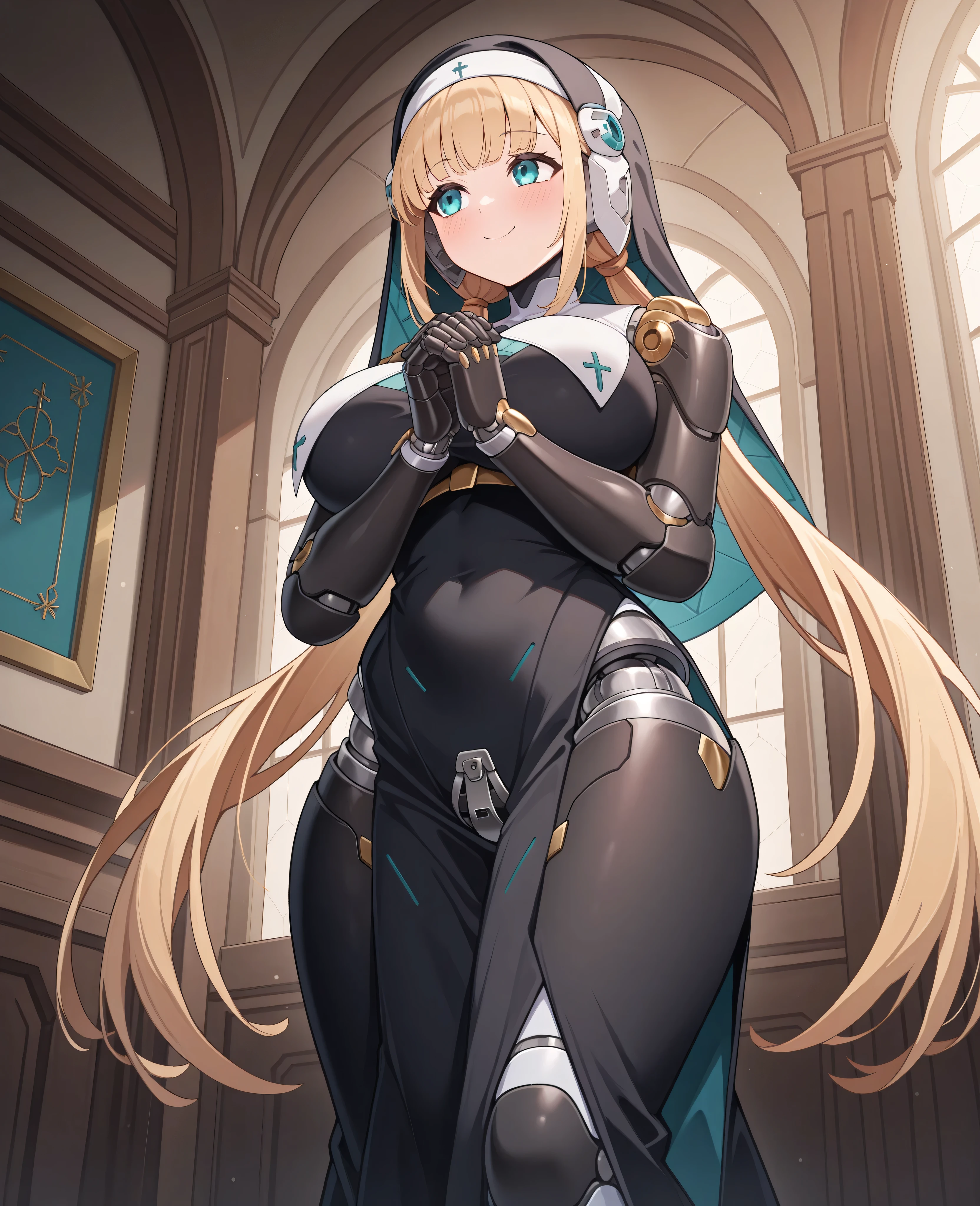 highres, best quality, masterpiece, indoors,
1girl, solo, gvlanull, android, robot joints, mechanical arms, very long hair, blonde hair, low twintails, aqua eyes, large breasts, 
nun, habit, black dress, looking away, blush, smile,
standing, from below, own hands clasped, chastity belt,
