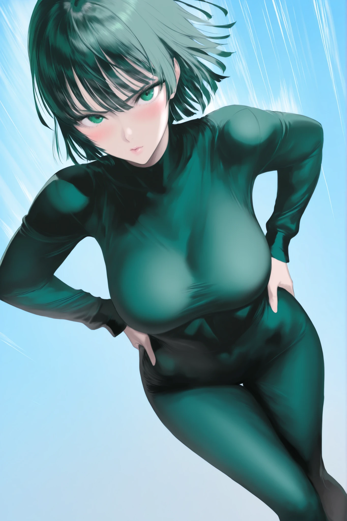 score_9, score_8_up, score_7_up, score_6_up, score_5_up, score_4_up,
BREAK
(masterpiece: 1.0), best quality, perfect anatomy, perfect composition, perfection, Realistic proportions, realistic anatomy, by Yusuke Murata
BREAK
use of shape theory, use of anatomy, defined body, defined textures, defined fabric folds. (dynamic pose, foreshortening, foreshortening, dynamic pose,)
BREAK
1girl, solo, breasts, looking at viewer, blush, simple background, Fubuki (one punch man), dynamic pose, thick lines, hands on hips, high angle