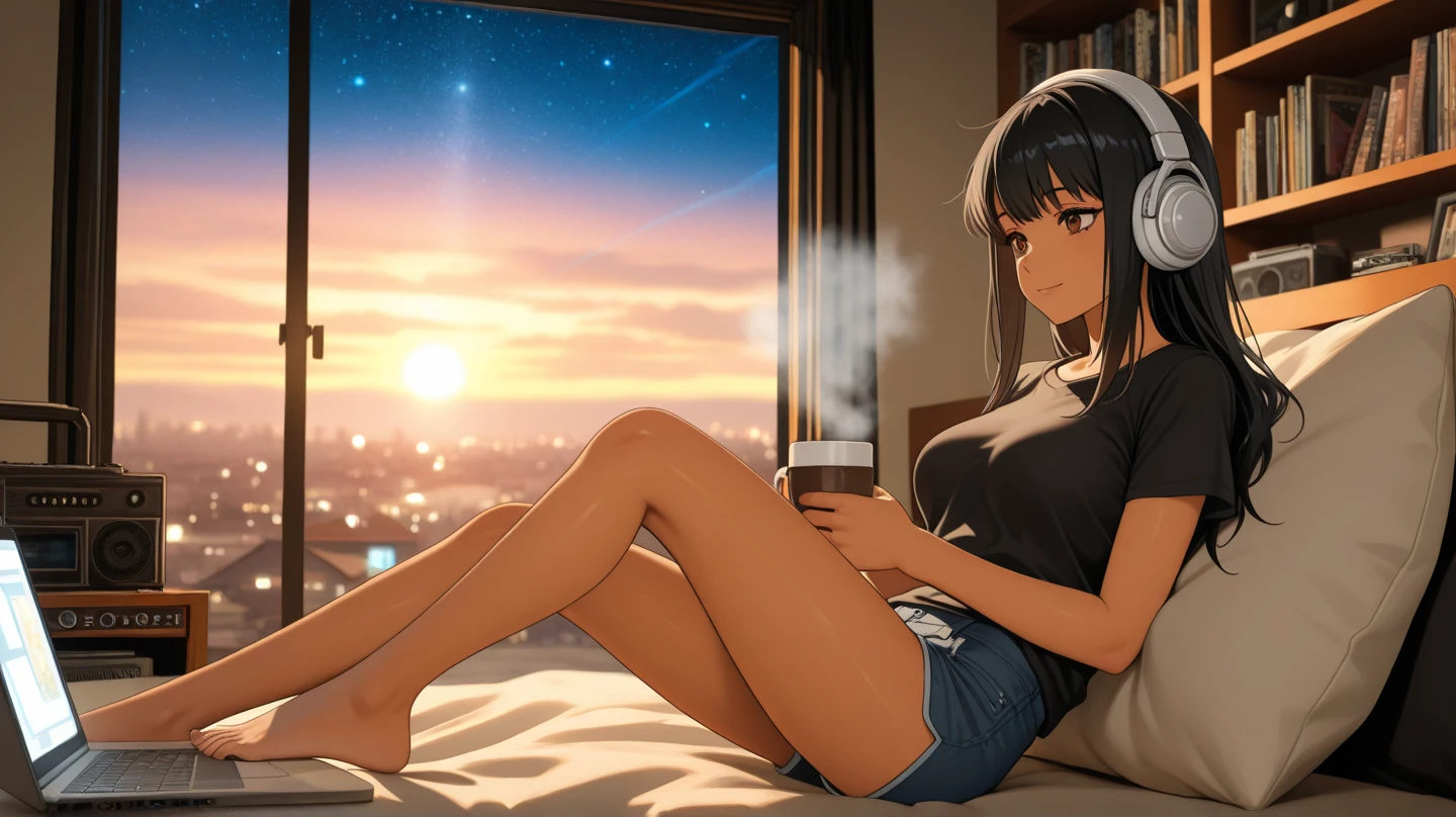 Relax on the sofa、girl、drink coffee、night、listen to music