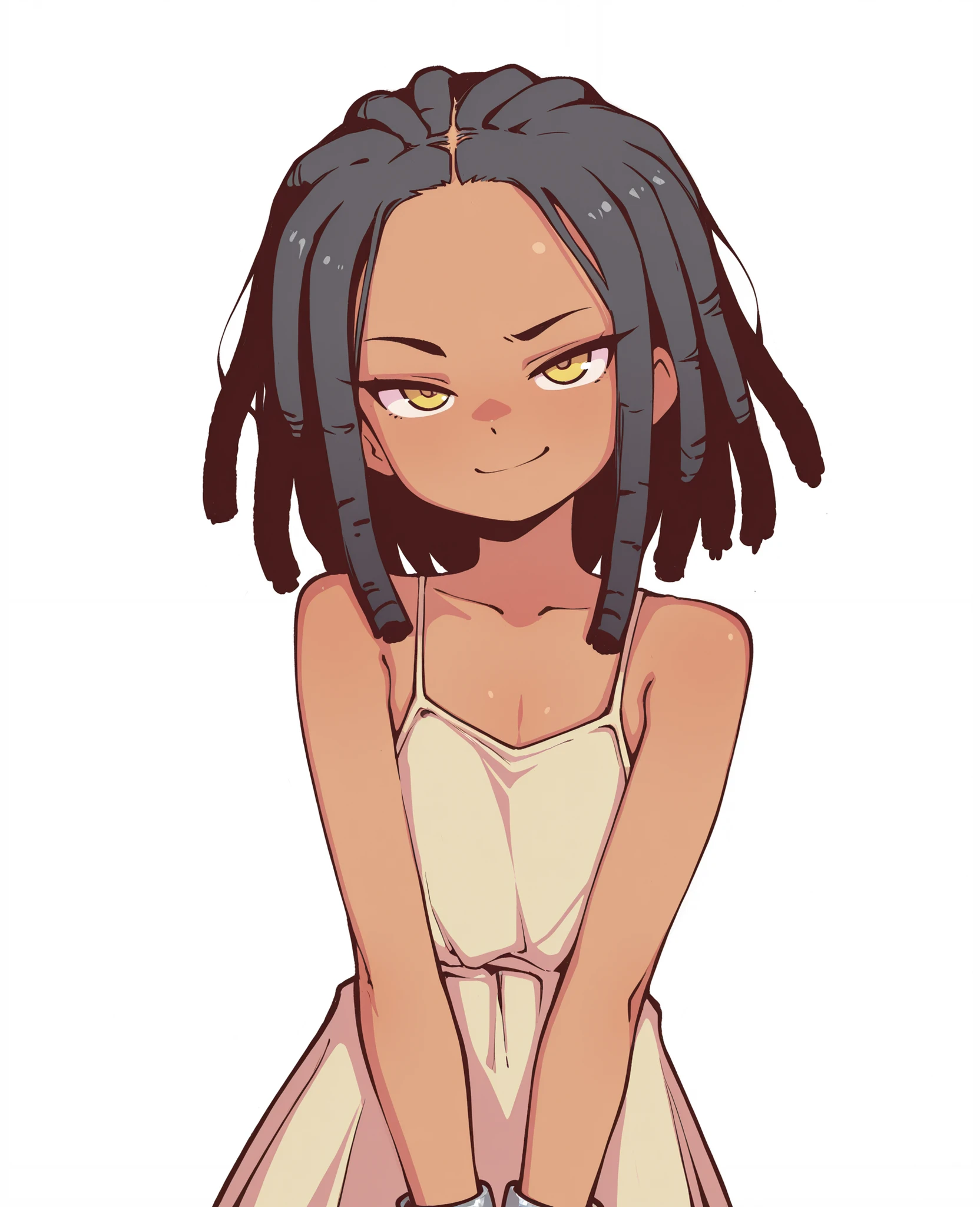 by wholesomeorenji, 1girl, petite, flat chest, dark skin, black hair, dreadlocks, medium hair, yellow eyes, beige dress, peplos, silver bracelet, upper body, v arms, looking at viewer, smug, tsurime, white background, masterpiece, best quality, amazing quality