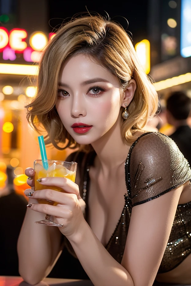 ((Highest quality, 8k, masterpiece :1.3)), Sharp focus :1.2, Beautiful woman with perfect figure :1.4, Slim Abs :1.2, ((Big Breasts, Emphasize cleavage:1.3)), (Photorealistic:1.4), (realistic:1.4), Highly detailed face and skin texture, Fine grain, double eyelid. Makeup face. A little bit of lipstick, necklace, Earrings, sex appeal, Sexy gravure pose, ((A sexy beauty in a pink cocktail dress is smiling while enjoying a drink at a bar。Beautiful long blonde hair。:1.3)