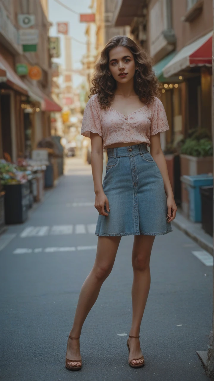 Pixar joy character playfully, , eyes browns, curly hair, flare jeans and pink blouse, White All Star Sneakers