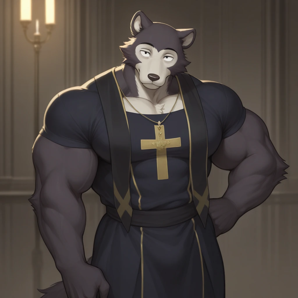 Domestic Cat, good looking, male, anthro, ultradetailed, muscular, solo, bareness, rippling muscles, muscles, church background, tail, serious, big pecs, looking at viewer, priest, bara, big muscles,