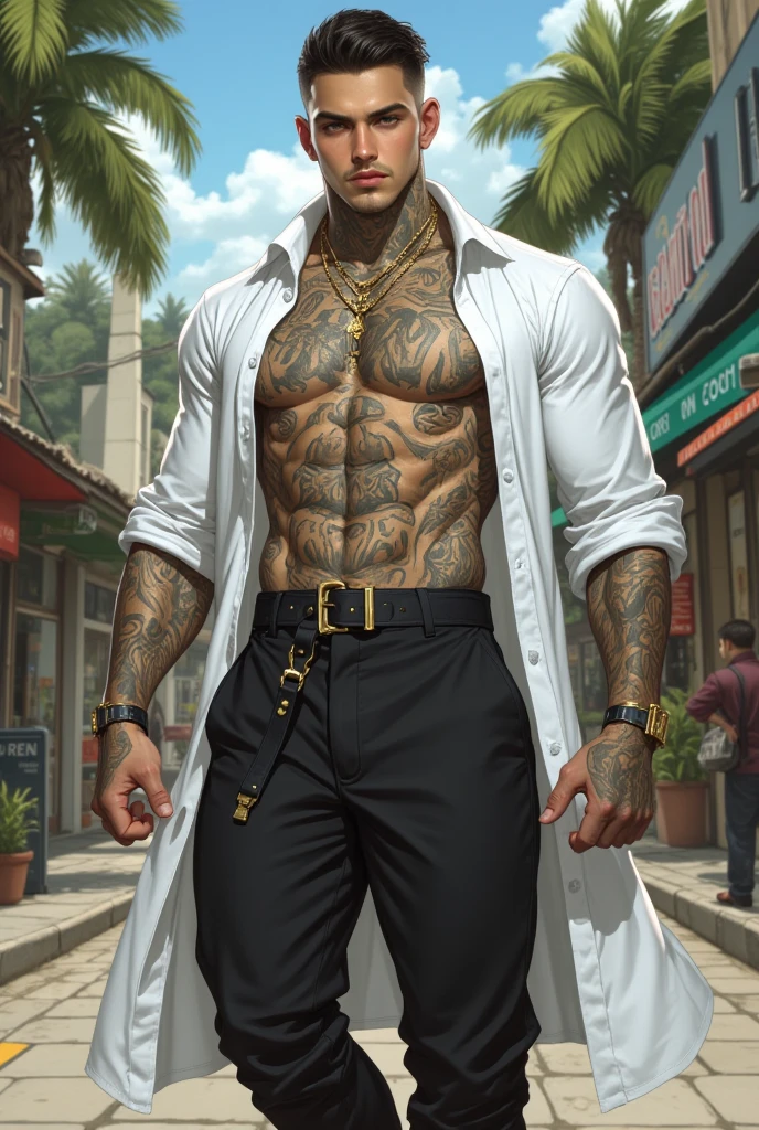 (masterpiece:1.2), (best quality), (ultra detailed), (8k, 4k, intricate),(full-body-shot:1), (highly detailed:1.2),(detailed background:1.2), facing the viewer, dynamic pose, mixed halfwhite black man in fantasy roguish outfit wear, high detail, 36 years old, buff, faded haircut , 8k, mystical, magical, ultra hd, realistic, vivid colors, He wears a white trenchcoat and is shirtless underneath. His trousers are pure white with a black cover over his right leg connected to one of his two belts. His shoes are a bright golden hue and large tattoos decorate a great deal of his body, including his back, chest, and forearms.
highly detailed, UHD drawing