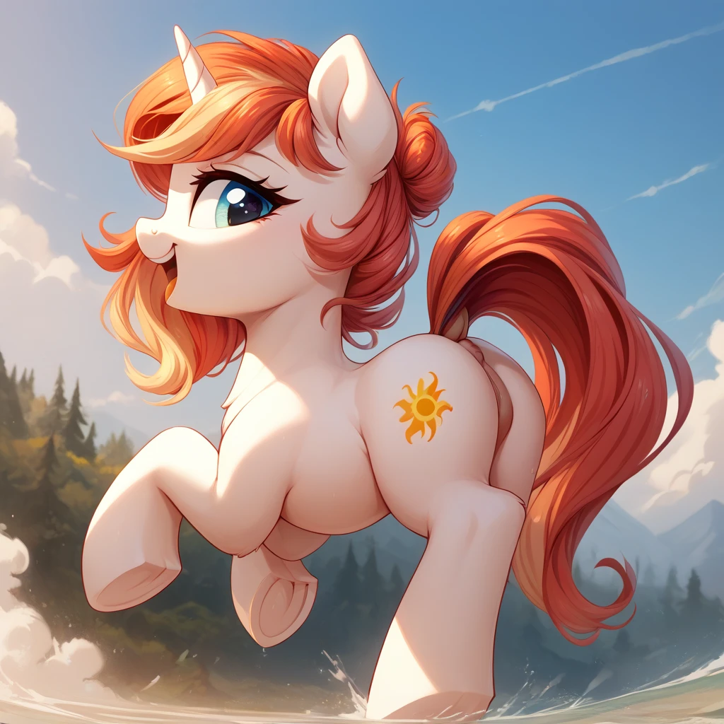 red hair, white body, red eyes, long hair, sky face, stockings, shy pose, panties, cameltoe, behind view, (my little pony), striped underwear, blush on ass, seductive pose, big ass, big breasts, thong, cum on butt, flower crown, voluptuous body, tattoo fire on the butt
