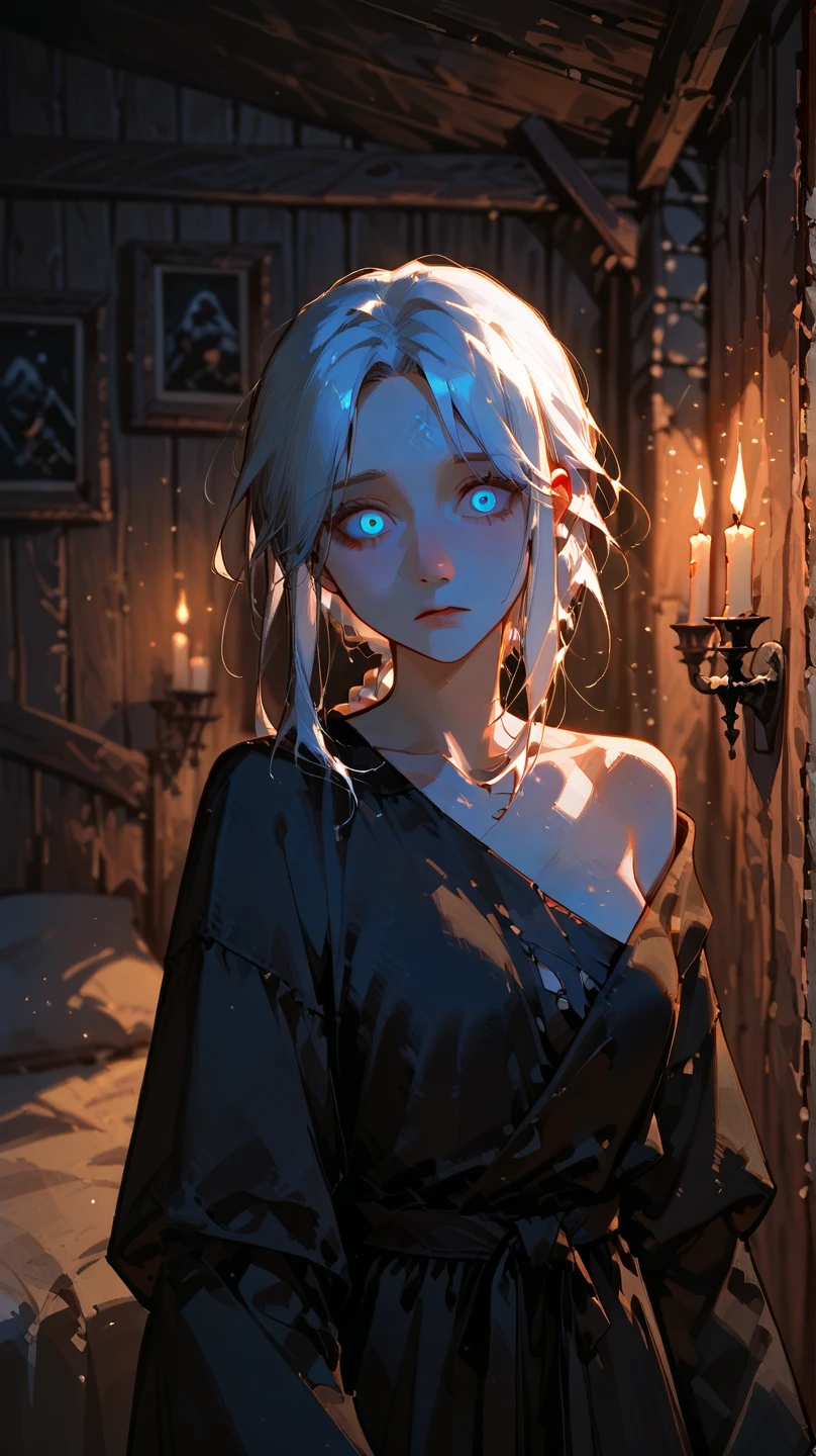 A woman in a bathrobe is lying on the bed、The large window behind offers a beautiful night view.、big breasts、sexy、dimly lit room、moonlight、exposed、Downlight、On your back、silver hair、There is a teacup on the table、There is a brick fireplace