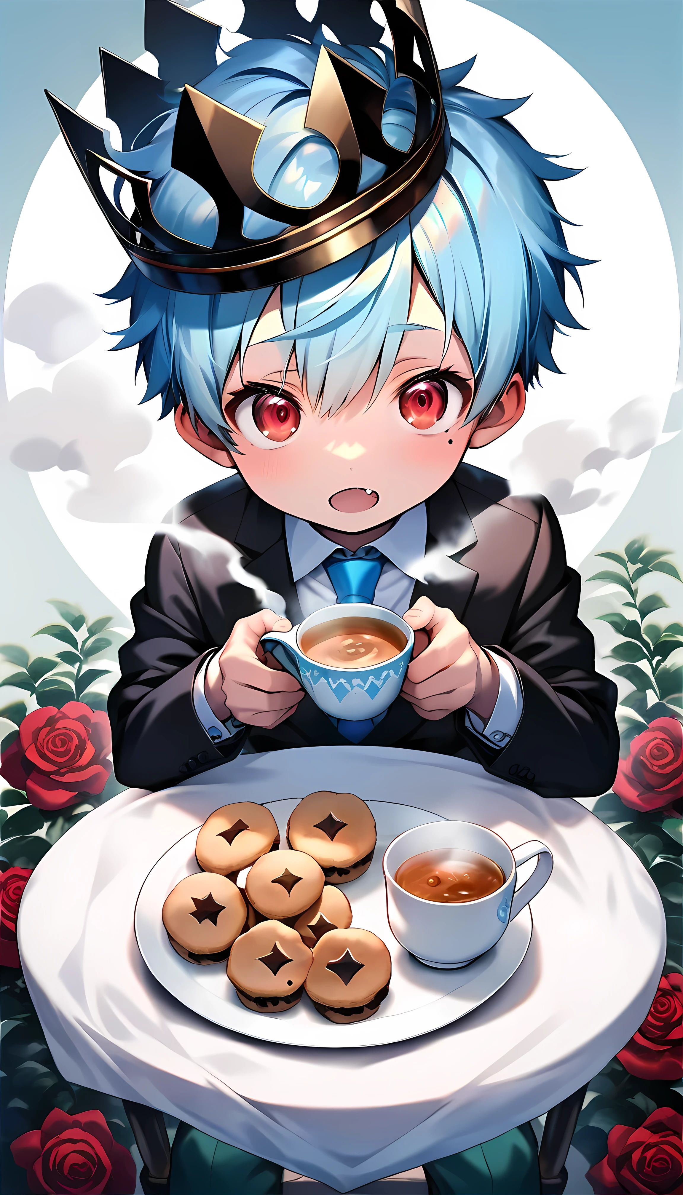 (score_9, score_8_up), (ultra detailed), (8k), (cute face), (detailed eyes:1.3), (shiny eyes), (masterpiece eyes), (1 boy), (shota:1.5), (sitting on chair:1.3), (circle tea table in front of body:1.2), (white table cloth), (tea set on table), (tea in cup), (steam from tea cup), (both hands holding cookie:1.3), (crown on head), (3 jewelry on crown), BREAK (black dress shirts), (blue tie:1.2), (green short pants:1.3), BREAK (light blue hair), BREAK (wine red eyes:1.2), (black irises), (eyes with highlight:1.2), (mole under eye), fang, (yummy:1.2), (five fingers), BREAK (rose garden:1.3), (soft white lighting:1.2), (sunburst), (silver necklace), (look at viewer), wind blowing,