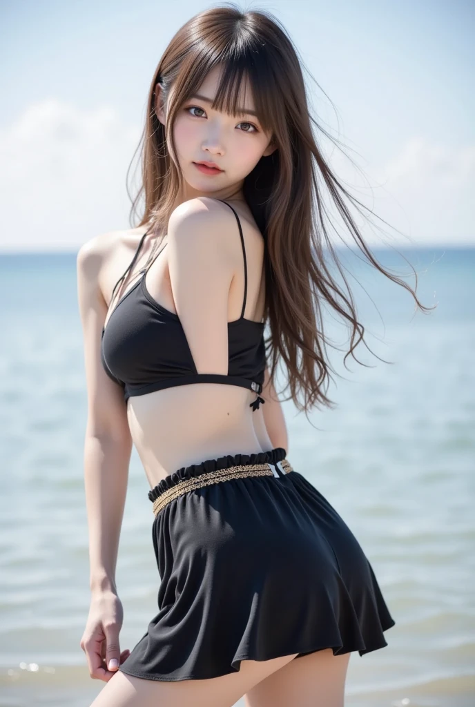 (((masterpiece, highest quality, Super detailed))), 1 female, (((very thin body))) , (((length, thin legs))), (((black long hair, thick and fluffy bangs ))), (((highly detailed face))), cosmetics free, Small, thin nose, small thin mouth, (((Very sharp focused eyes))),  Japanese,  beautiful face, smile,(lifelike face),  beautiful hairstyle, realistic eyes, fine and beautiful eyes, (real looking skin), beautiful skin, charm, ultra high resolution, surreal, high detail, golden ratio, (detail makeup:1.2),(Striped off-the-shoulder bikini:1.1),tropical beach,sun,Ocean,shot from behind,perfect limbs,dynamic pose