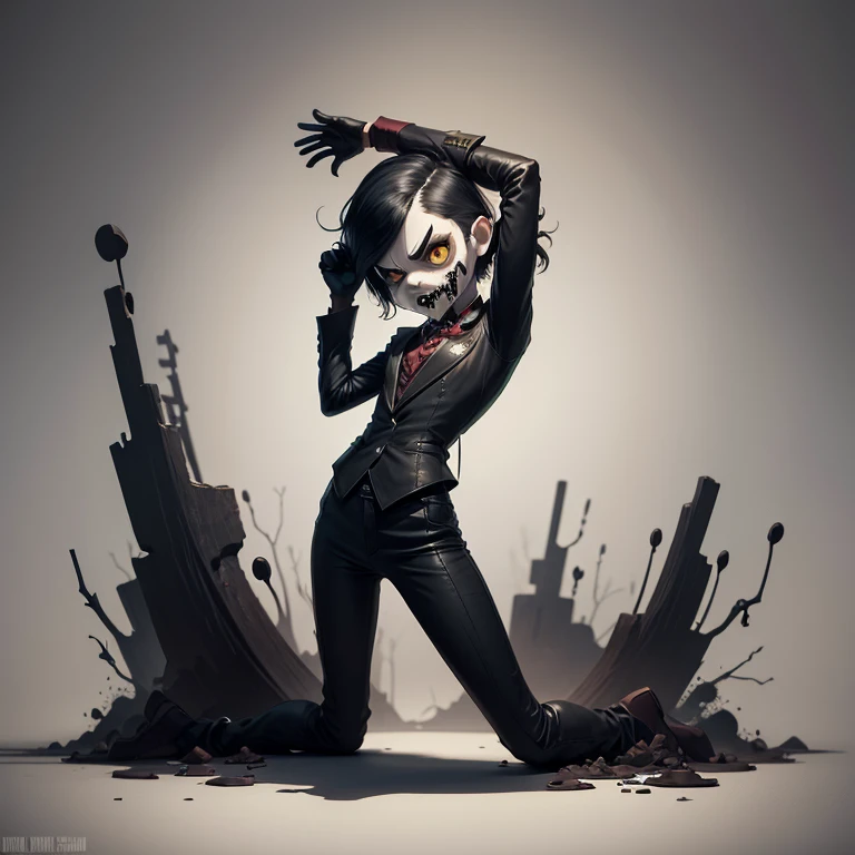 score_9, score_8_up, score_7_up, source_3d, 3d style, unreal engine 5, <lora:3DWLV2:0.8>, BREAK 1girl, heterochromia, red eye, green eye, short buns haircut, black hair, barretten hair, perky lips, thick lips, black lipstick, (white mime artist makeup, all face paint in white and black), small breasts,  wide hips, (big ass), (white painted skin),  black choker,  (mime artist black and white outfit, black beret, striped shirt, black pants, black suspenders:1.2),cameltoe, <lora:CameltoeV4:1>, standing, leaning forward, wide grin, arms around waist, pov, ((background bedroom, indoors, detailed background)), <lora:add-detail-xl:2.5>, masterpiece, 4k, best quality