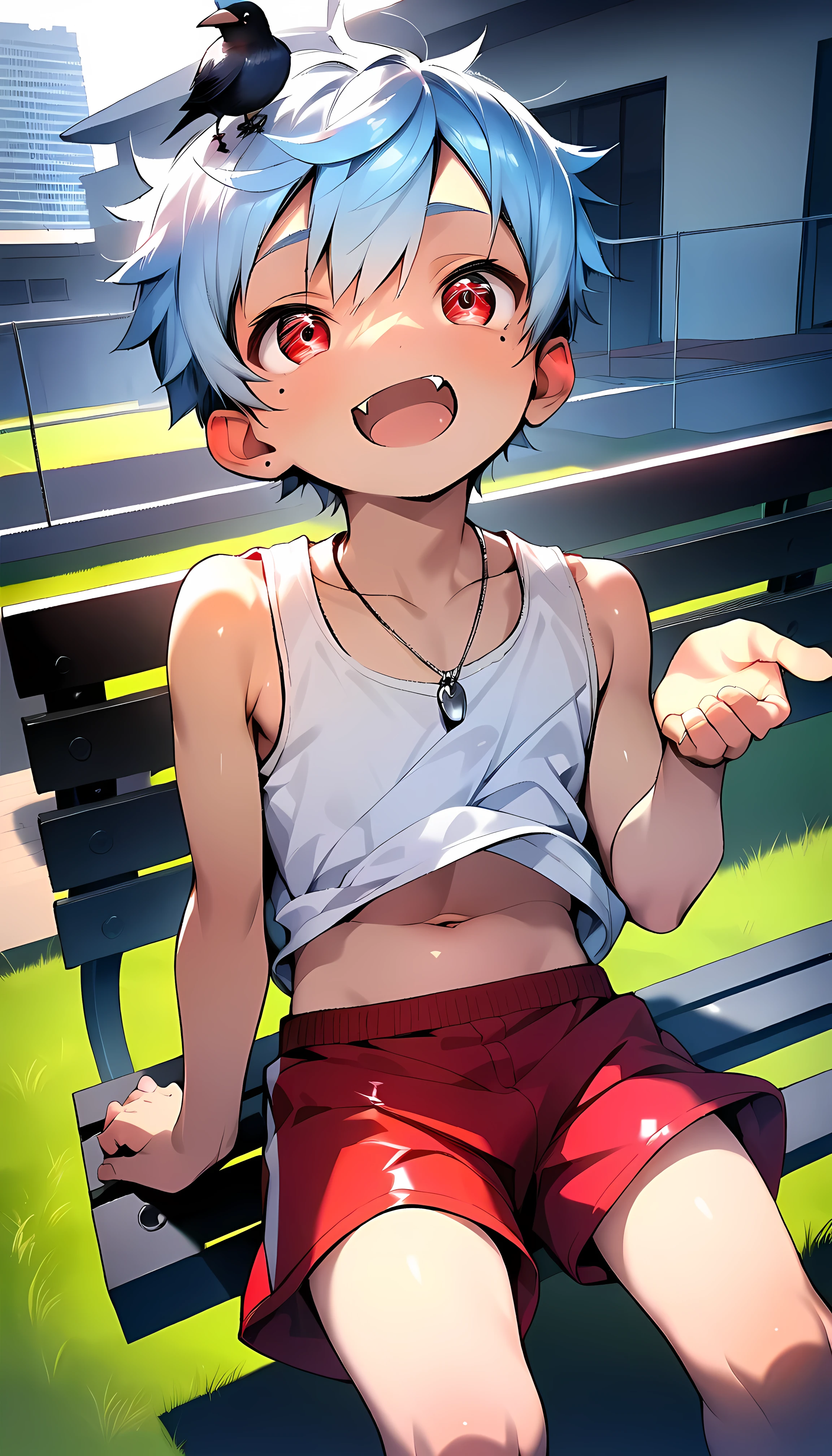(score_9, score_8_up), (ultra detailed), (8k), (detailed eyes:1.3), (shiny eyes), (masterpiece eyes), (small eyes), (1 boy), (shota:1.5), (sitting on bench:1.3), (arched back), (five finger), BREAK (white tank top), (red shorts), BREAK (light blue hair), (wine red eyes), (black irises), (eyes with highlight:1.2), (mole under eye), fang, BREAK (city park:1.2), (building), (lawn), (little crow on head), (soft white lighting), (silver necklace), navel, (look up), (soft natural lighting), wind blowing, from below,