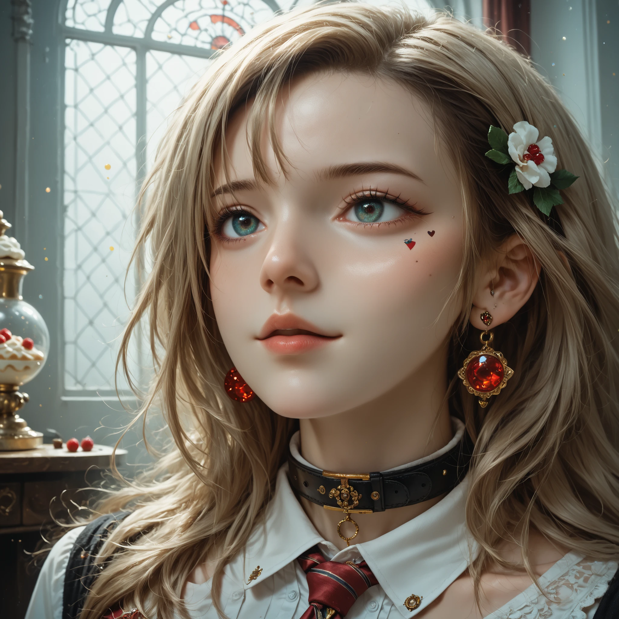 Pudding cake,masterpiece,high resolution,best quality,Hyper HD,very detailed with bubbles,Awards,16k,alone,(upper body),correct anatomy,beautiful cyberpunk girl,Original machine,cute face,emphasize,gradient beige hair,Hairline,((Scarlet (shoukou shoku)Eyes)),Far away eyelasher, Eyes like a girl ,White skin,(small ),(toned body),(()),((Far away_dress)),(finger cap ),(black and white Yin and Yang socks),earrings,( collar ),( LASER CLOTHES :1.2)fully restrained,simetric,close up,lens25mm