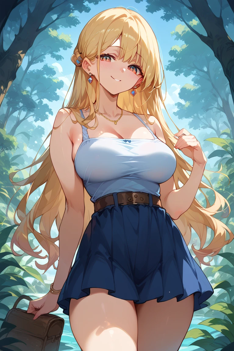 (masterpiece, best quality, high resolution:1.4), rapunzel, green eyes, (loose hair:1.3), 1girl, solo, black t-shirt, white shirt, blue jeans, belt, lipstick, large breasts,