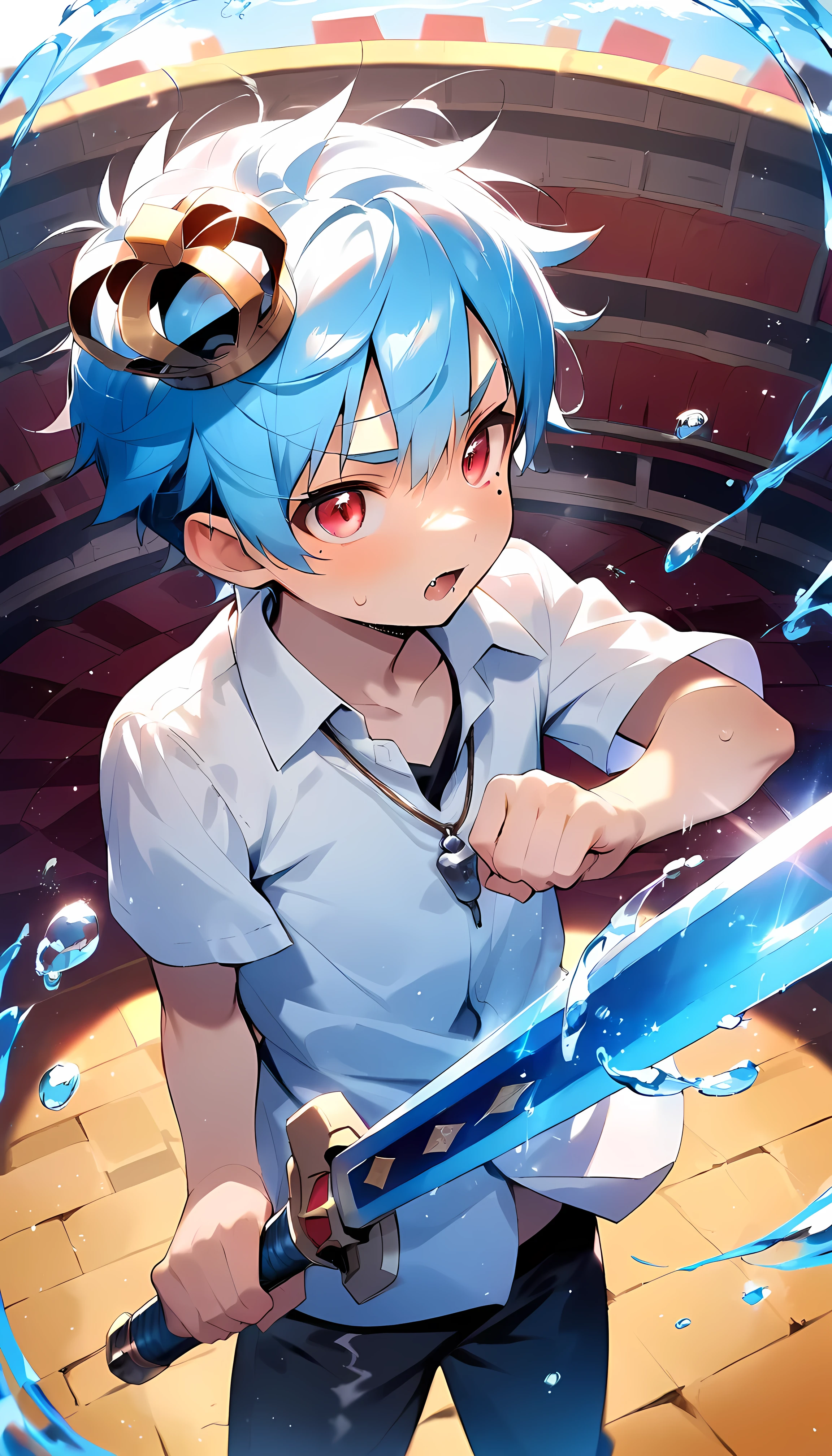 (score_9, score_8_up), (ultra detailed), (8k), (cute face:1.2), (detailed eyes:1.3), (shiny eyes), (masterpiece eyes),
(1 boy), (shota:1.5), (fighting pose:1.3), (holding sword vertically in front of body:1.3), (two hands on sword:1.2),
(water-bladed sword:1.3), (blue aura sword:1.2), (sword infused with water magic:1.2), (defensive stance:1.2), BREAK (mini crown on head), BREAK (white dress shirts:1.2), (dusty shirts:1.2), (black short pants:1.3), BREAK (light blue hair), BREAK (wine red eyes:1.2), (black irises), (eyes with highlight:1.2), (mole under eye), fang, (angry:1.2), (sweat), (five fingers), BREAK
(Colosseum:1.3), (sunburst), (sunbeam), (soft white lighting:1.2), (wind blowing), (collarbone), (silver necklace), (look at viewer), (wide shot),
BREAK
(water aura surrounding body:1.3), (floating water droplets), (magic water particles:1.2), (misty blue aura), (magic effect)