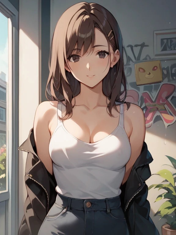 (looking to the side:1.5), upper body,Realistic, real person, (pale skin: 1.2), RAW photo, photorealistic, shiny skin, shiny hair、 (A 25-year-old woman with medium-length hair and bangs) and (wavy hair) and (brown hair) and (Orange Eyes), The background is the washroom,(pink tank top)、opening the door