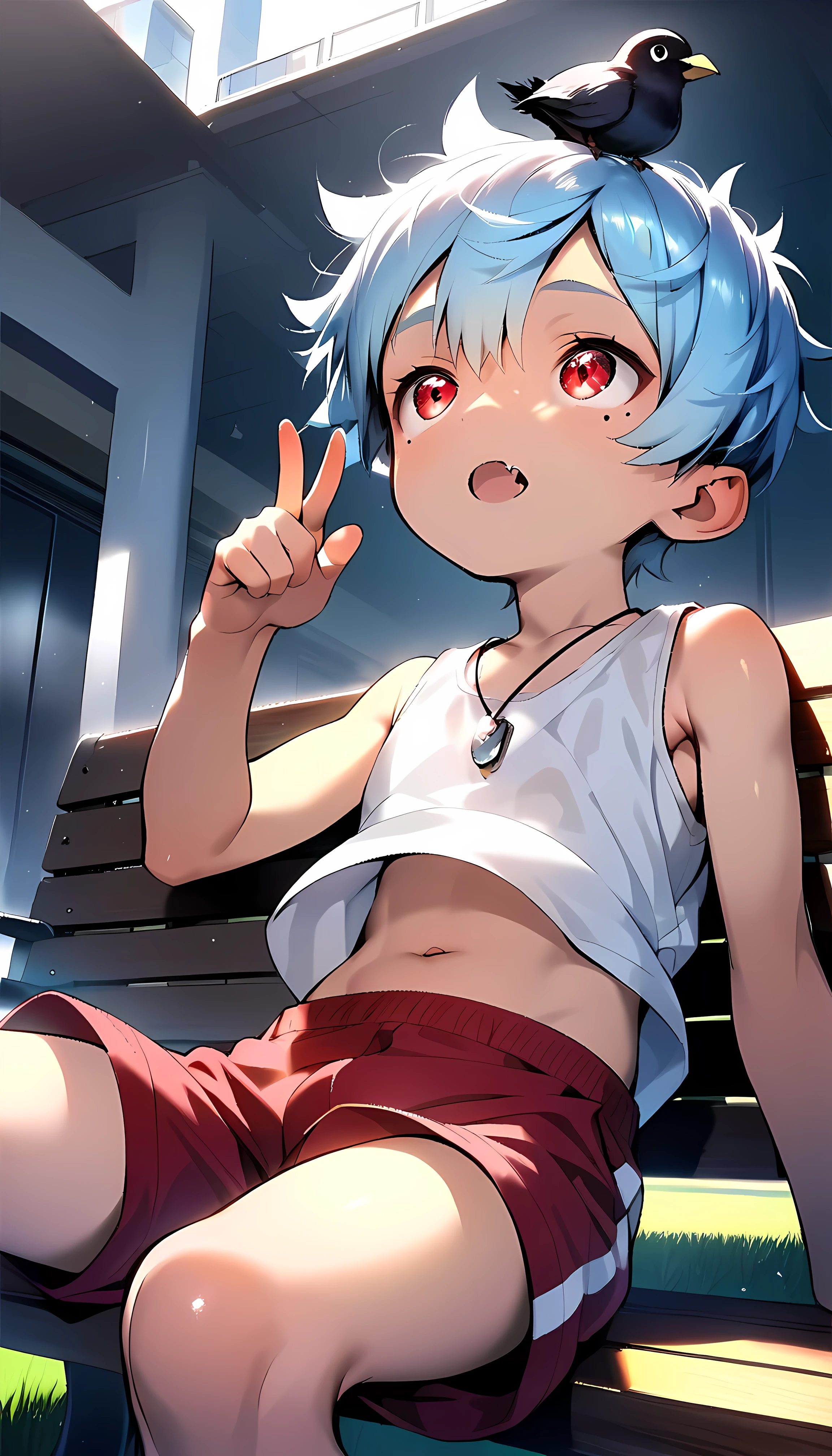 (score_9, score_8_up), (ultra detailed), (8k), (detailed eyes:1.3), (shiny eyes), (masterpiece eyes), (small eyes), (1 boy), (shota:1.5), (sitting on bench:1.3), (arched back), (five finger), BREAK (white tank top), (red shorts), BREAK (light blue hair), (wine red eyes), (black irises), (eyes with highlight:1.2), (mole under eye), fang, BREAK (city park:1.2), (building), (lawn), (little crow on head), (soft white lighting), (silver necklace), navel, (look up), (soft natural lighting), wind blowing, from below,