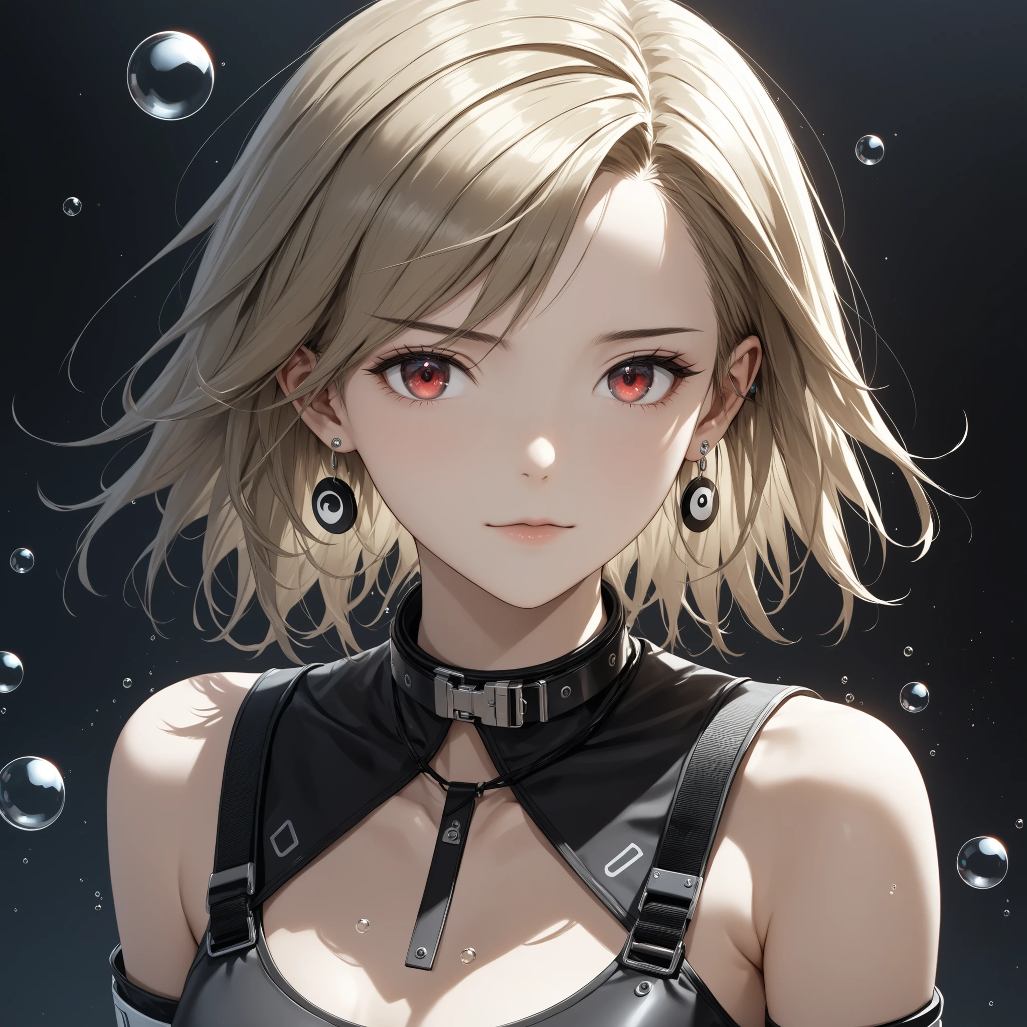 Pudding cake,masterpiece,high resolution,best quality,Hyper HD,very detailed with bubbles,Awards,16k,alone,(upper body),correct anatomy,beautiful cyberpunk girl,Original machine,cute face,emphasize,gradient beige hair,Hairline,((Scarlet (shoukou shoku)Eyes)),Far away eyelasher, Eyes like a girl ,White skin,(small ),(toned body),(()),((Far away_dress)),(finger cap ),(black and white Yin and Yang socks),earrings,( collar ),( LASER CLOTHES :1.2)fully restrained,simetric,close up,lens25mm