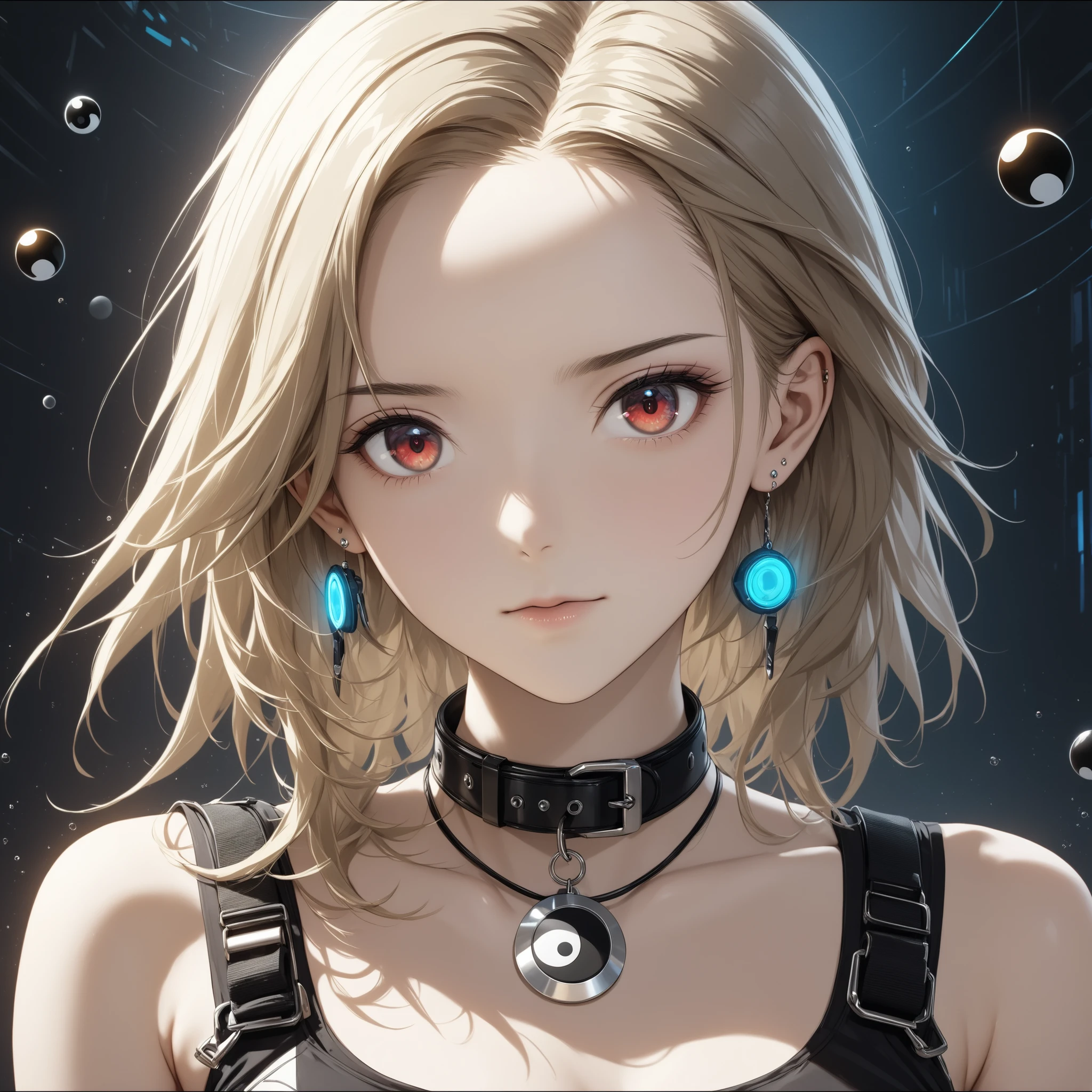 Pudding cake,masterpiece,high resolution,best quality,Hyper HD,very detailed with bubbles,Awards,16k,alone,(upper body),correct anatomy,beautiful cyberpunk girl,Original machine,cute face,emphasize,gradient beige hair,Hairline,((Scarlet (shoukou shoku)Eyes)),Far away eyelasher, Eyes like a girl ,White skin,(small ),(toned body),(()),((Far away_dress)),(finger cap ),(black and white Yin and Yang socks),earrings,( collar ),( LASER CLOTHES :1.2)fully restrained,simetric,close up,lens25mm