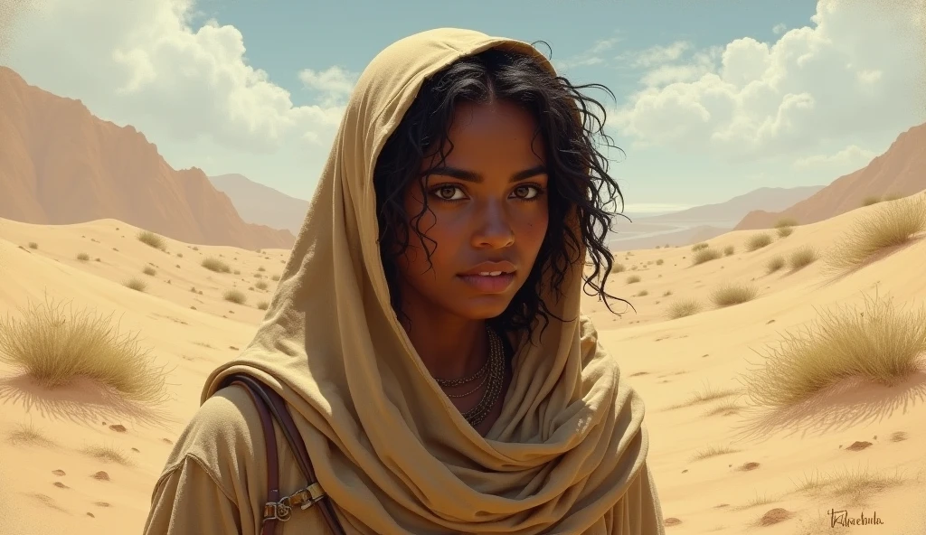 In the harsh sunlit expanse of the Tibesti region, a determined figure, Hawa, emerges from the dusty horizon. Cloaked in weather-worn fabrics that blend with the arid landscape, her silhouette speaks of resilience and untold stories. Unyielding, her gaze fixes on the distant Aloba Arch, a symbol of both solitude and discovery. Beneath the relentless sun, her footsteps echo a journey forged through adversity, a silent testament to a past she carries without uttering a word.
Hawa's skin, kissed by the relentless sun, carries the warm hues of desert sand.
Her hair, a tangle of ebony curls, frames her face and bears witness to the wind's untamed whispers.
Clad in earth-toned, threadbare garments, Hawa wears the passage of time etched in every seam and fray. A traditional headwrap shields her from the sun's intensity.The campsite, minimalistic yet deliberate, reveals the essence of a nomadic existence. Weather-beaten tents stand against the shifting sands, and a small fire, the heart of her transient home, flickers with stories untold.
Hawa's frame, lean and agile, speaks of survival in the harshest terrains. Every sinew tells a story of resilience, a testament to a life marked by both adversity and the unwavering determination to endure.