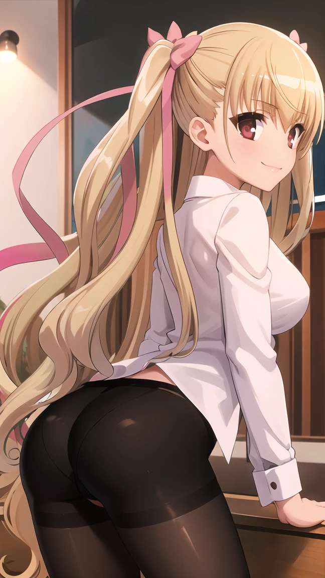 (anime:1.2),(1girl),(alone), konjiki no yami, (alone), long hair, blonde hair, (hairpins:1.2), red eyes, very long hair, hair shots, solo, (expressionless, calm:1.5), (T-shirt, room, bed, blush), (Small medium breast:1.2), narrow waist, round butt, hair between eyes, blush, hair ornament, two sides up, bangs, cowboy shot, dynamic stance, ultra detailed, detailed eyes, sharp focus, masterpiece, standing, perfect hands, perfect anatomy, floating hair, to love- ru, looking forward, perfect anatomy,perfect hands, (looking at viewer), dutch angle