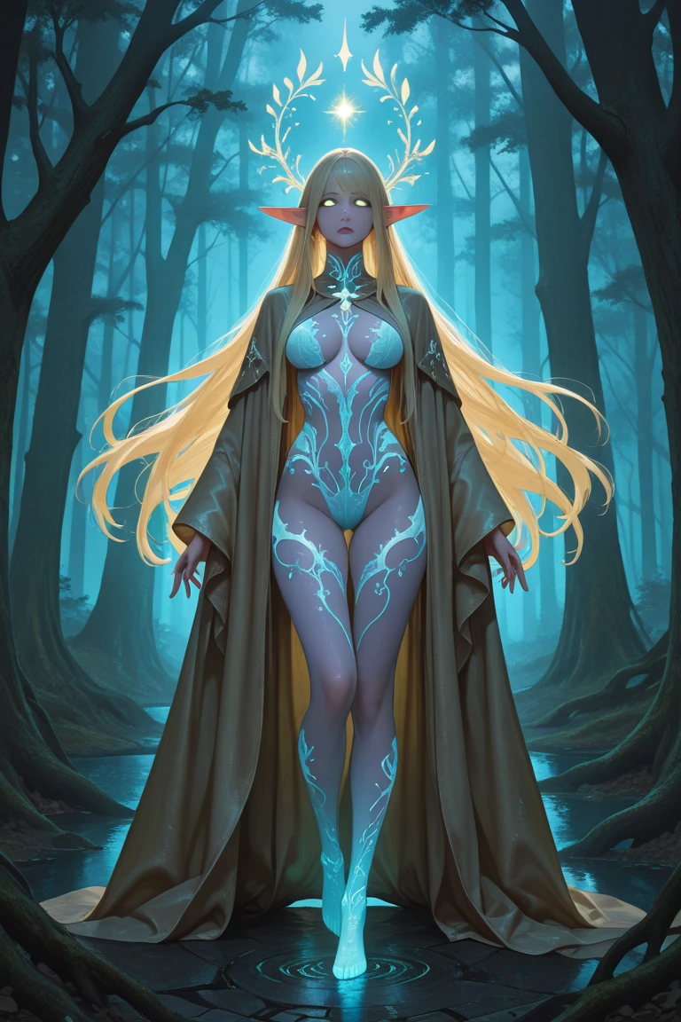 (Seductive nightmare)(Hyper realism)(Realistic fantasy)A moon elf greatly resembling Paris Hilton (age 25, blue skin, violet eyes, silver hair, sheer spider silk lingerie(over exposed), silver body jewelry) is walking through a spider infested haunted woods, webs obscure the moon and carpet the ground. Immense webs and spiders in the tree tops.