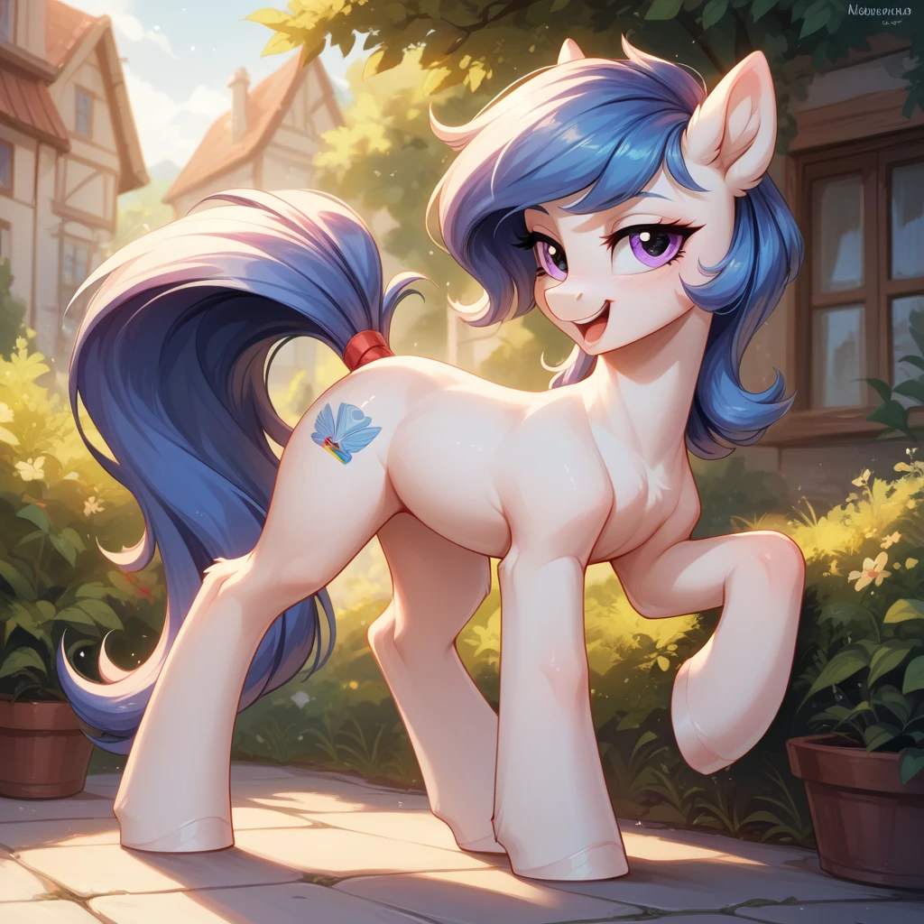 (masterpiece, best quality:1.1), 1girl, solo, ass focus, (my little pony:1.1),ass,  from behind, (tail:1.1), looking back, looking at viewer,  colored skin, long hair, long hair, white skin, outdoors, rose garden, roses, flower, nature, plant, grass,  romantic, fragrant, colorful, idyllic, whimsical