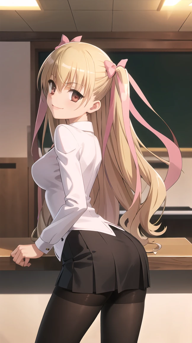 Blonde、(Degree of golden eyes:1.5)、One side up、ヘアribbon、ribbon、length、Rip off your blazer、Blue Skirt、Jacket、Otonokizaka Uniform、Pleated skirt、、Winter clothes、break (masterpiece:1.2)、highest quality、High resolution、unity 8k wallpaper、(Awareness-raising:0.8)、(Beautiful and fine details:1.6)、Highly detailed face、Perfect lighting、Extremely detailed CG、 (Perfect hands、Perfect Anatomy)、Look at the viewers、blush、Laughter、Standing on the stairs, (Stairs), (Lower Body Shot), Focus on the thighs, (Shot from below 1.3), (View from behind 1.3)、 (White panties:1.3)、(Roll-up skirt:1.3)、(Full-fledged panties:1.5),(Show me your ass:1.3)
