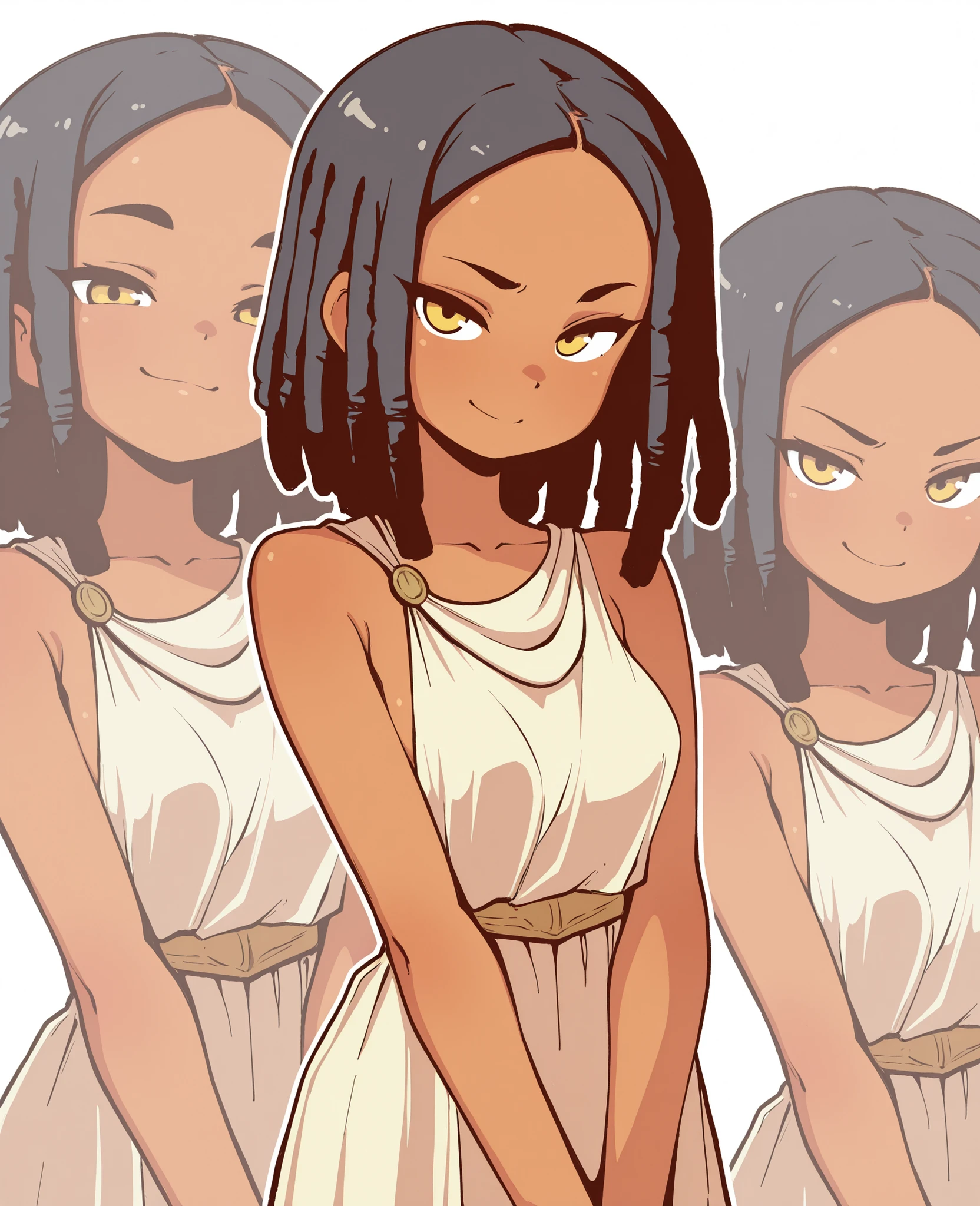 by wholesomeorenji, 1girl, petite, medium breasts, dark skin, black hair, dreadlocks, medium hair, yellow eyes, beige dress, peplos, ancient greek dress, upper body, v arms, looking at viewer, smug, tsurime, white background, masterpiece, best quality, amazing quality