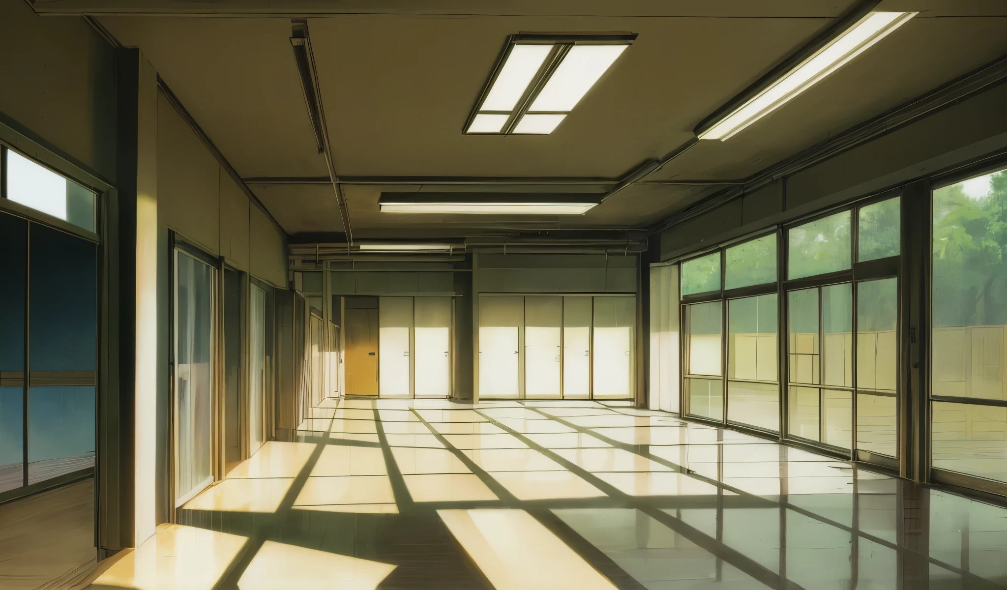 Drawn in 80’s anime art style.
Retro anime. Vintage Anime. Classical Anime.
Japanese High School Corridor.
The corridor stretches long and narrow, bathed in soft, natural light streaming through tall windows lining one side. The polished wooden floor gleams faintly, echoing the footsteps of students in the distance. Cream-colored walls are lined with sliding classroom doors, each with frosted glass panels that gently obscure the view inside. Sunlight filters through, casting rectangular patches of warm light on the floor.