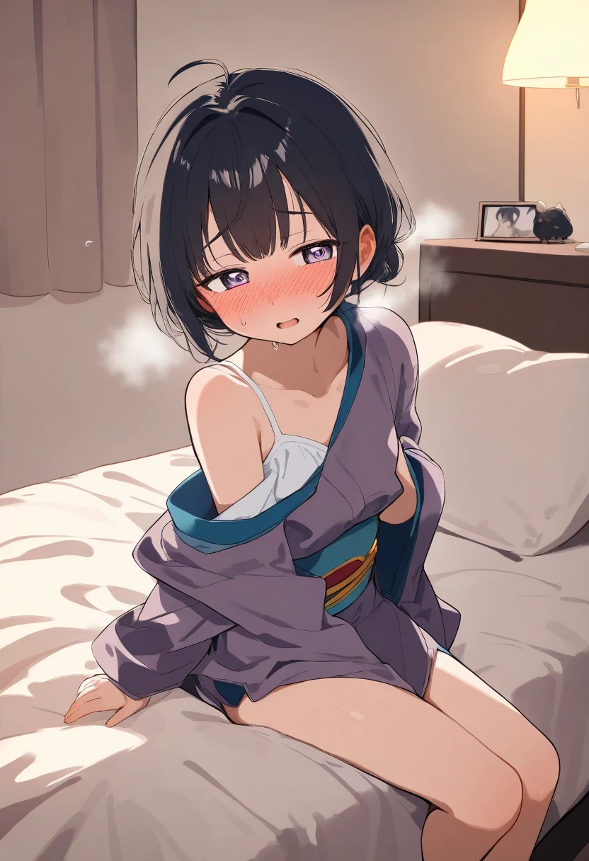 (masterpiece),(Highest quality),sexy,Navy blue kimono,Clothes falling apart,Black Hair,Short Bob,Bangs with a split in the middle,Curl your hair outwards on both sides,crossdresser,cute,blush,Watery eye,Iris,Bed in your room,Black spats