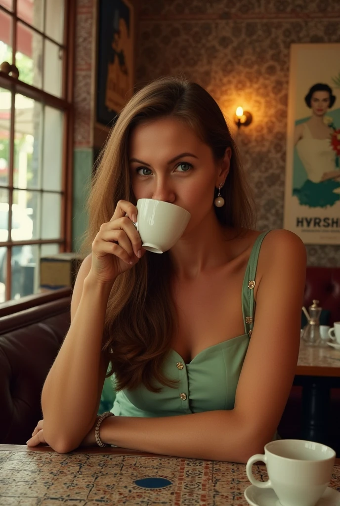 1950 Beautiful Parisian, elegantly dressed in a busy Parisian café, light blue blouse, busty, Decollete, Sipping coffee, Hyperdetailed, sensual smile, sexy, Bedroom Eyes, ultra sharp, long chestnut brown hair, Bob haircut 8k, (insanely detailed:1.5), Full body photo, 20 megapixel, Canon EOS R3, detailed skin, pale skin large breasts fall out