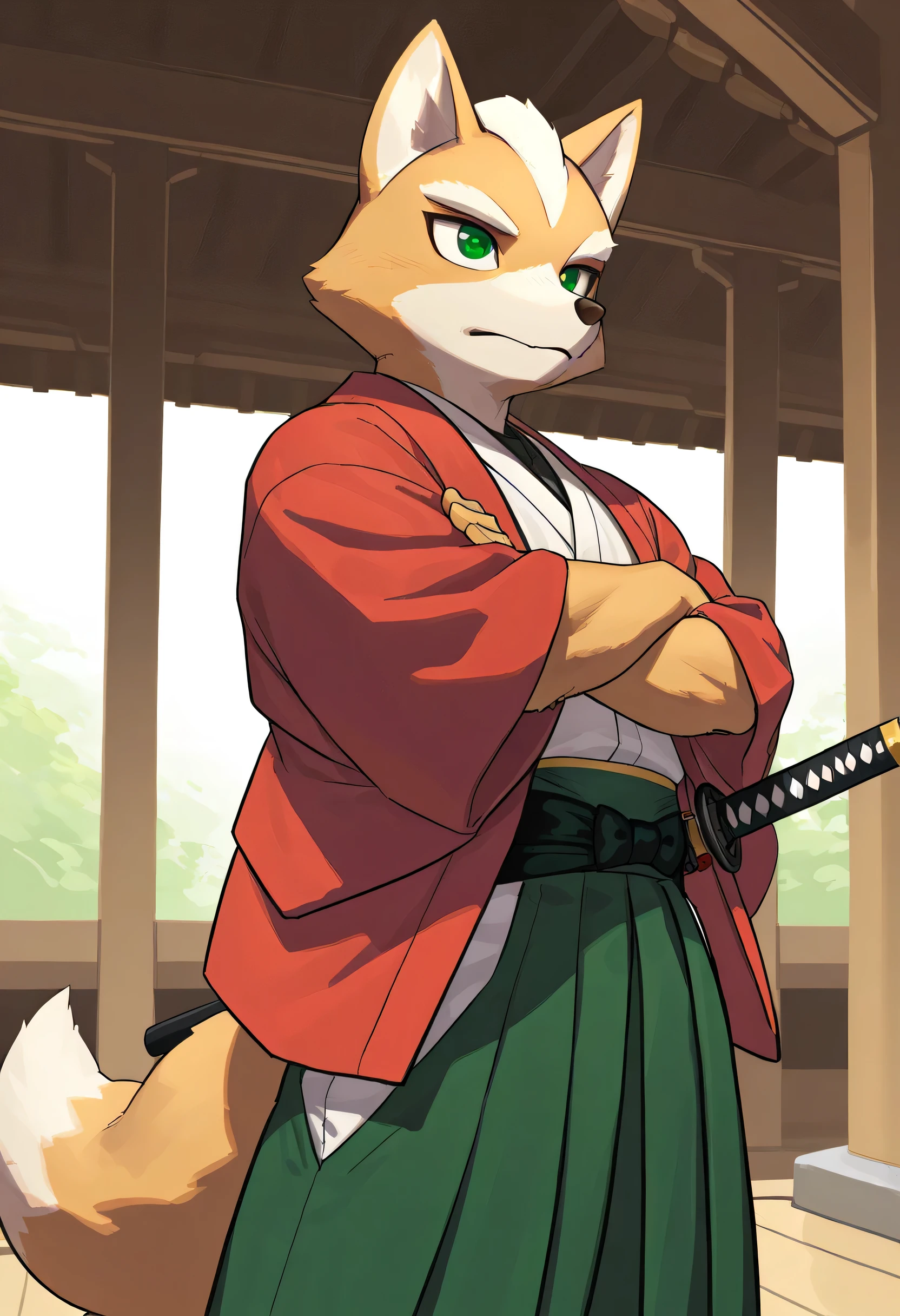 soft shading, 4k, hi res, detailed face, detailed, Best quality, masterpiece, detailed anatomy, detailed eyes, perfect shading, solo male, Fox mccloud, yellow fur, tail, green eyes, lean muscle, red haori, green hakama, katana on the waist, in the shrine