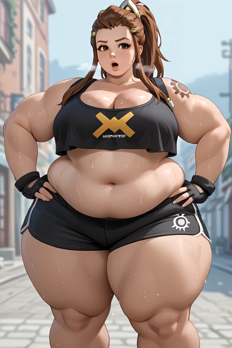 (masterpiece), best quality, female warrior, huge girl, female muscular:1.2, ((very short hair:1.6)), ginger hair, big breast, (curvy:1.8), (((blank background))), ((full body)), fingerless gloves, sandals, sleeveless, covered nipples, (underboobs:1.3), tshirt top, shaved hair, (buzzcut hairstyle), white socks