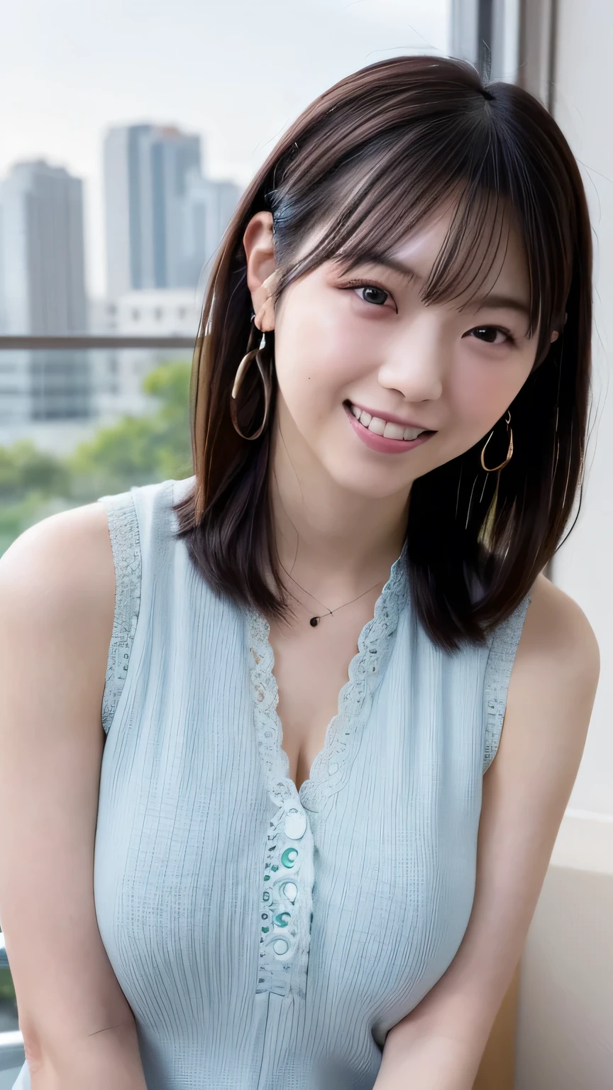 1 Japanese beauty , depth off field, first-person view, f/1.8, 135mm, Nikon, 超high definition, retina, masterpiece, accurate, anatomically correct, textured skin,Very white skin、 clear skin 、 Super Detail, high detail, high quality, Best Quality, high definition, 1080P, high definition, 8k, (big boob:1.2), (cleavage of boob:1.2)、Japanese beauty 1 person, (Big round eyes:1.4).(she has heterochromia, and her eyes are different colors, which makes her incredibly captivating)、(Drunken Blush Makeup)、round face、She is smiling very happily、INSANELY BEST SMILE、is smiling with her mouth open、Her front teeth are neatly arranged、cute little vampire fangs、(Braided Top Knot,twisted side part ponytail、Braided Headband,half up、Braided Space Bang,voluminous fishtail braid,Twisty Bang)、(She's wearing a sleeveless lace blouse(pale light blue))、office at sunset、She is sitting in a window seat、I can see a skyscraper city out the window