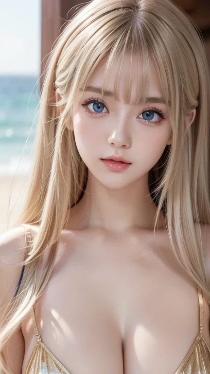 masterpiece,Highest quality,Very detailed,beautiful girl, teenager, (full body),Blonde,Beautiful and detailed eyes,blue eyes,Beautiful Skin,skinny,Dynamic,White Bikini,Midsummer Beach,A lively beach