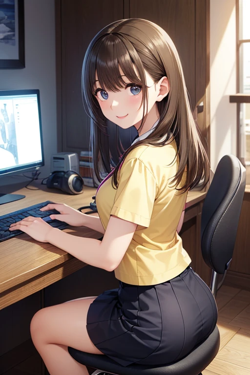 ((((highest quality)))), (((Ultra-precision CG 16K))), (((masterpiece))), (((Very detailed))), (((Extremely detailed))), (((Black outline:1.3, Written boundary depth:1.3 , Written soft outline))), Blur, Bokeh, Maximum clarity and sharpness,Multilayer Texture, Surface Shading, Cinematic lighting, Beautiful details sparkle ,Perfect Proportions, REAK breast enlarged, large Breasts, rocket breasts, (((perky breasts))), ((covered nipples)), slender waist, (smiling , narrow eyes, blush, determined expression, hot, sweaty , Heavy breathing,) BREAK (((wearing oversized character printed tank top, wearing Jersey in a casual way, wearing pleats mini-skirt, breasts is covered by outfit))) , wearing earrings, BREAK ((Leaning back in the chair:1.3) , Stretching-upwards:1.3, stick breast out),( a woman in the office room, serious, sit in an office chair, from side, from below, looking at display, bust up, cowboy shot),
