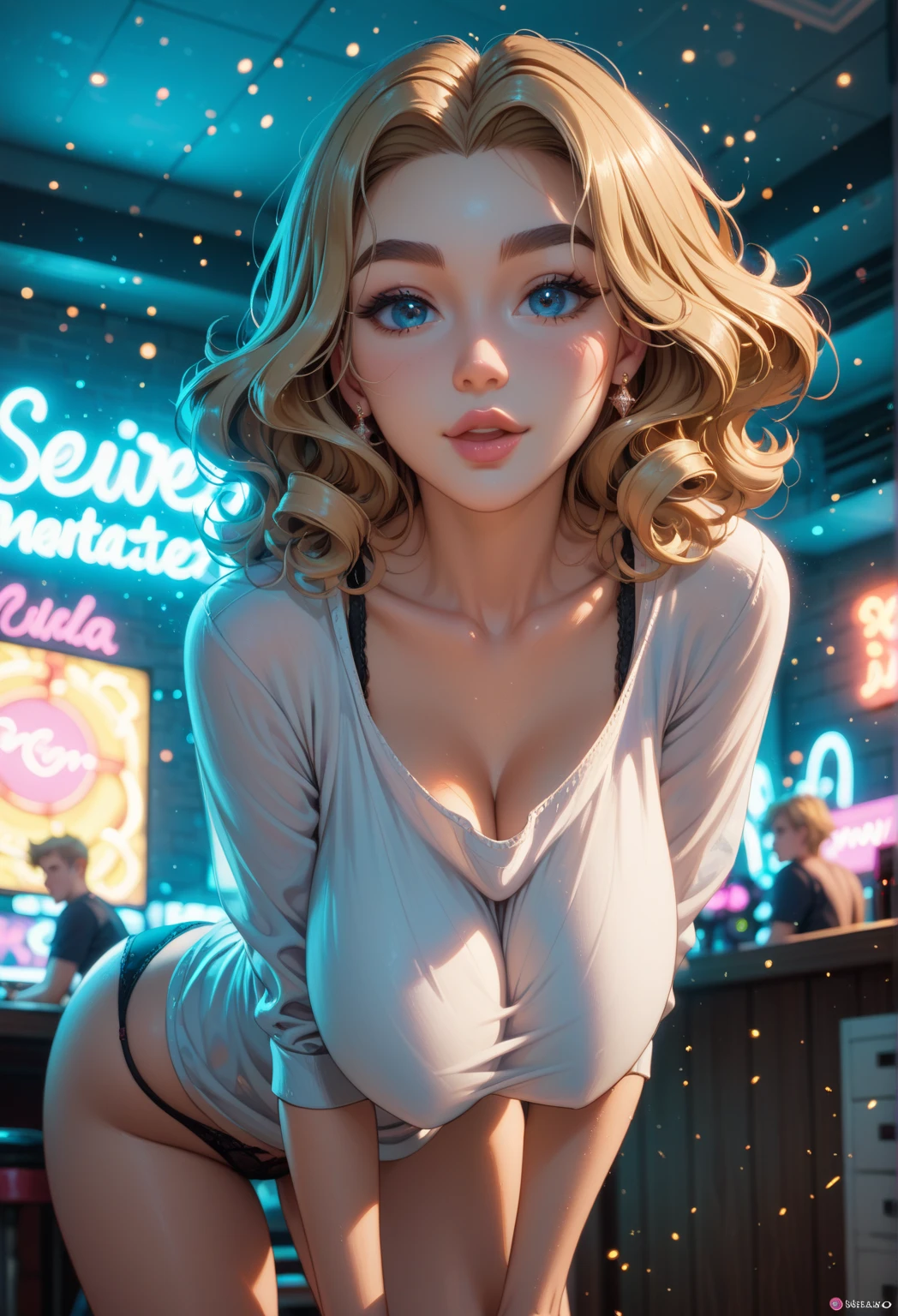 1 girl, tanned_skin, white wavy long hair, wearing a white transparent lingerie, full lips, pretty long eyelashes, pretty eyebrows, soft looking skin, wearing one black velvet choker around her neck, night, neon light, masterpiece, wearing diamond earrings, sitting on a chair, looking at viewer, ((blue eyes)), ((beautiful eyes)), ((defined eyes)), ((plump lips)), (beautiful lips)