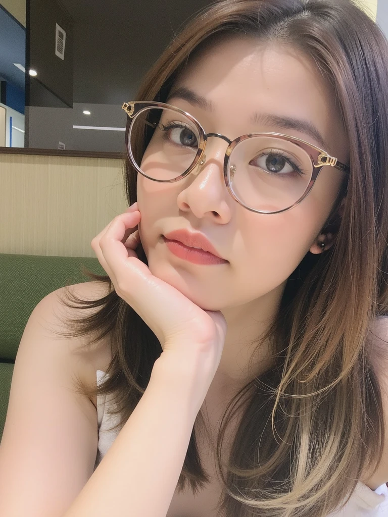 (8k, RAW photo, best quality, masterpiece:1.2), (realistic, photo-realistic:1.37), chikajkt48, ((pureerosface_v1:0.4)),1girl, (glasses:1.4), selfie, brown_eyes, brown_hair, (short hair:1.6), open mouth, lips, long_hair, looking_at_viewer, realistic, smile, solo,