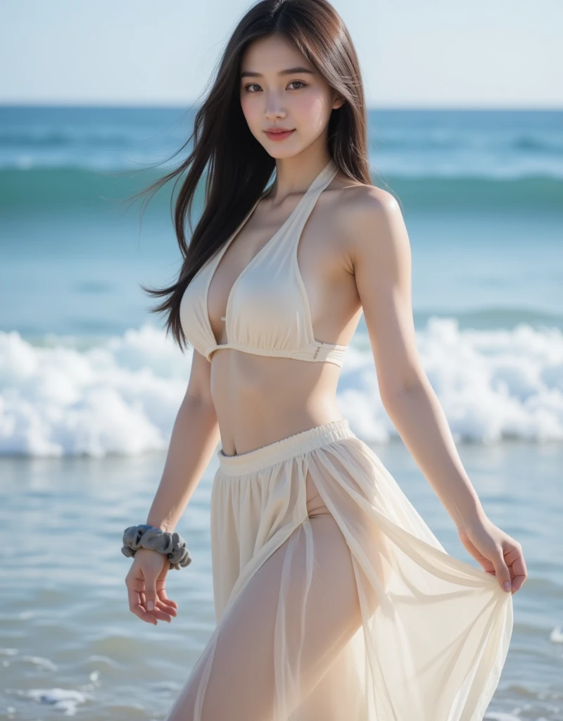 masterpiece, ((expensive, Slim beautiful girl (Walking on the beach at night, 露出度のexpensive服装を着ている))), Calm expression, expensive and slim figure, Long limbs, Small breasts, Pale skin, Calm waves, moonlit ocean, Starry Sky, Barefoot in the sand, Peaceful atmosphere, Full-body view from the side, Soft moonlight, gentle sea breeze, Reflective Water, Distant Horizon, Soft Shadows, Natural Beauty, quiet night, Subtle sparkle, Romantic atmosphere, Browsing Caution, ((Provocative pose, Exposed Skin, Provocative clothing)), Detailed body features, Glowing wet skin, A teasing look, Captivating Gaze, Flowing Hair, Intimate atmosphere.