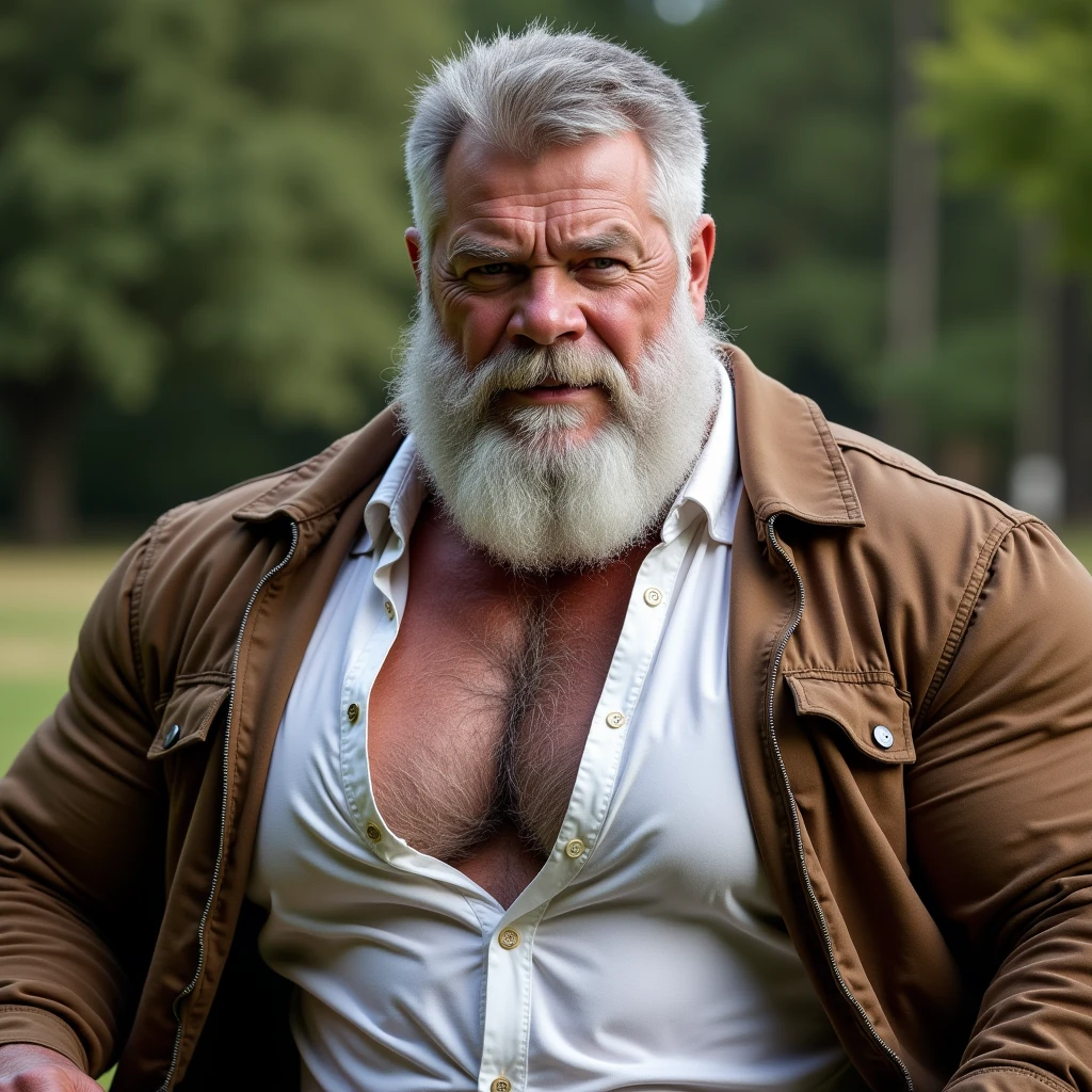 A very oiled full body Viking warrior bodybuilder A smiling, sweaty old man with long wavy gray and blonde hair and braids in his beard extremely muscular and extremely fat over 70 years old weighs over 600 pounds very muscular very hairy large pecs with gynecomastia Large dark pointed nipples in front of a viking ship in a fjord wearing a small leather skirt