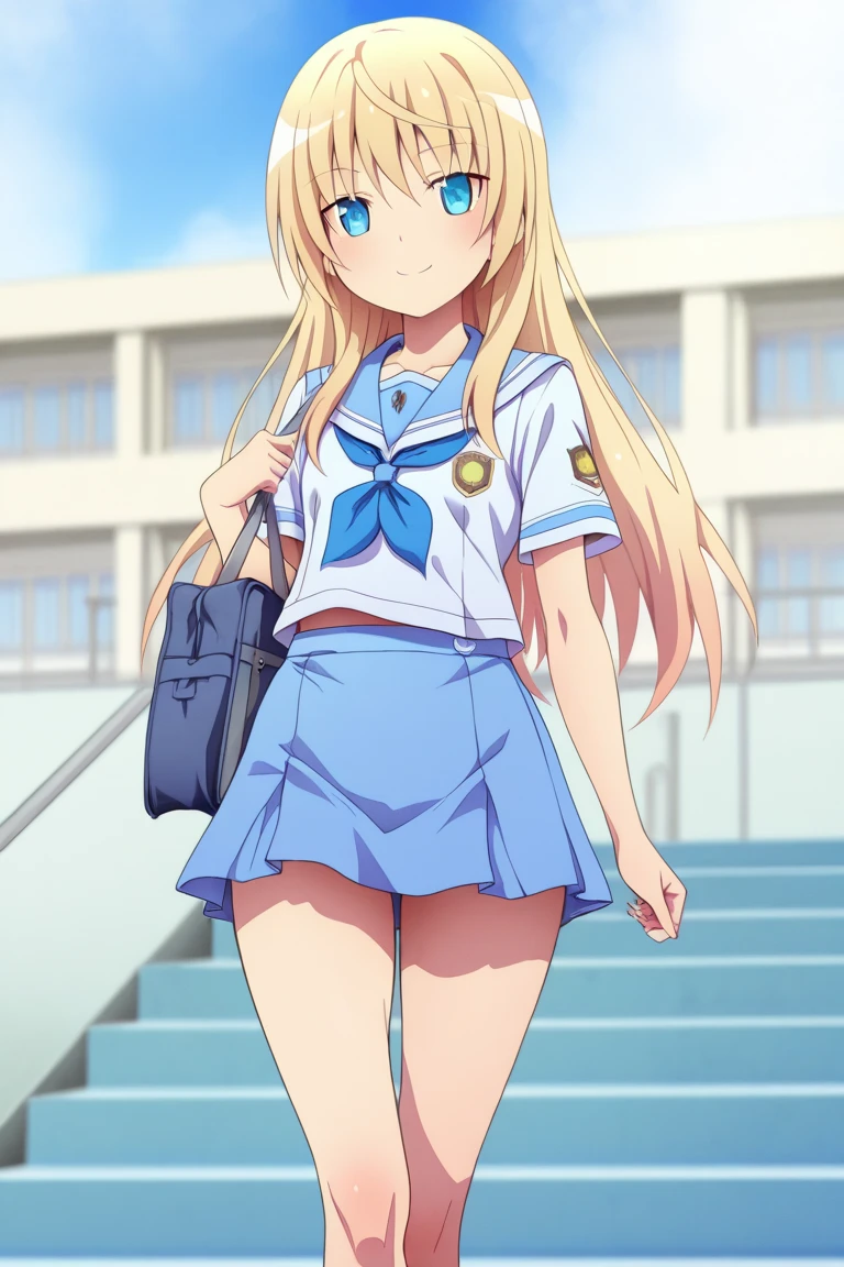 Tram stop passengers around Elementary school girl 8 years flat chest for the black broad The eyes are purple. ((1 person)) Sailor uniform long sleeve white upper body Navy blue underbody mini skirt white panties white socks sport boots standing at the stop Open your legs a little((I can see white panties)) FROM THE FRONT Dynamic Angle low angle