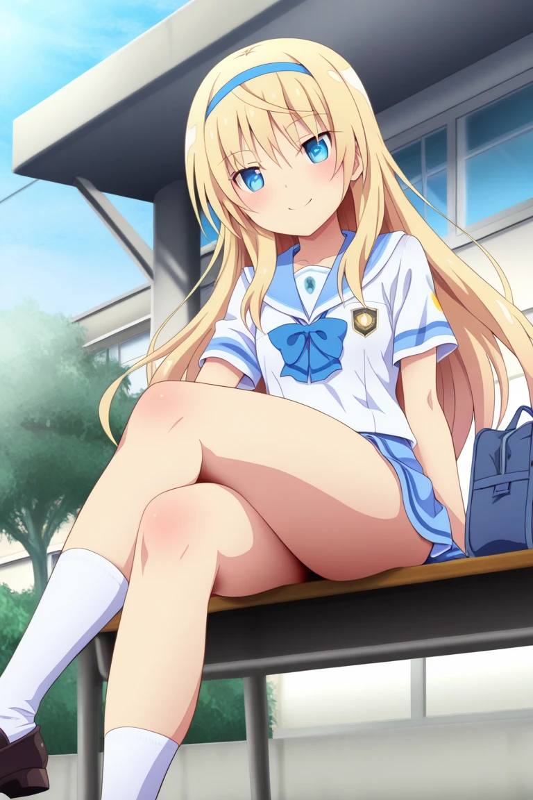 Beautiful long blonde Wink with a mischievous smile Girl in a sailor suit Pleated skirt mini skirt Long sleeve Skirt lifted sit in a classroom chair Small breasts Black panties with lace Open your legs
