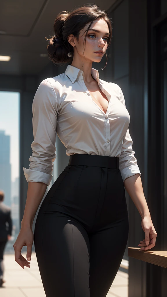 (Muscular:2), (thick muscular thighs, wide hips:2.1), (asian female:1.5), adult, (blunt bangs:1.4), long hair, wearing glasses, earings, eyeshadow, lipstick, bokeh, (freckles:0.9), (upper body view), (striations), (pokies:1.3), (small perky breasts:1.4), choker, (tucked-in white button up, cleavage, black skintight miniskirt, brown pantyhose:1.8), (sculped muscles:1.6), detailed eyes, (athletic body:1.5), (muscular body:2), (looking at viewer), (sensual smile, winking:1.5), dark bedroom, (dawn lighting), rim lighting, two tone lighting, dimly lit, clean skin, low key (DETAILED SKIN)