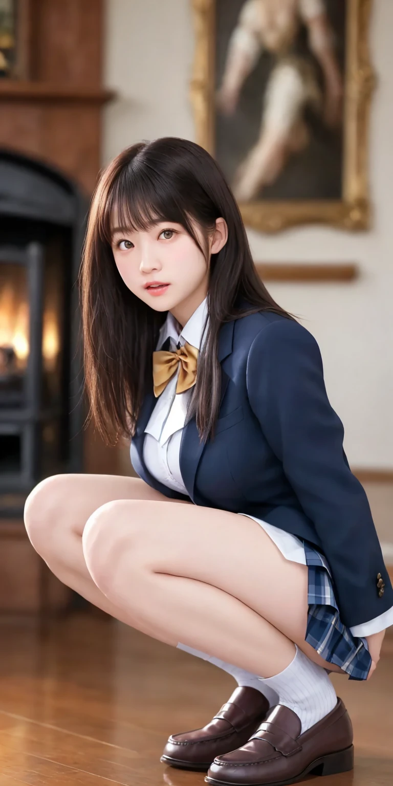 ulzzang -6500-v1.1, (Raw foto:1.2), (Photorealsitic:1.4), a beautiful detailed girl, extremely detailed eye and face, beatiful detailed eyes, Ridiculous, unbelievable Ridiculous, huge filesize, ultra-detailliert, hight resolution, ighly detailed, top-quality, masterpiece, Kemomimi, ((Japanese girls' high school uniform)), illustratio, ighly detailed, nffsw, unification, 8k wallpaper, magnifica, finely detail, masterpiece, top-quality, Highly detailed ticker uniform 8k wallpaper, Light on the Face、电影灯光、 girl、((witheout pant(dynamicposes)))、((Colossal tits:1.2))、el's toe)、(half)、(panthyhose)、(Sitting on legs bending the knees))