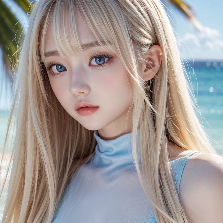 Nature photography of a beautiful girl, Wear a loose-fitting crop top, to protect myself, Super long,puffy blonde hair, large bust, messy bangs between eyes、fix your gaze on the camera, eye shadow, symmetrical eyes, plane of symmetry, photorealism, photography, Pfadverfolgung, specular lighting, Volumetrisches Gesichtslicht, path traced hair, visible shadow, complicated, expensive, blank background、Very beautiful bright light blue eyes、very big eyes、very white bright glossy skin、cheek gloss highlight