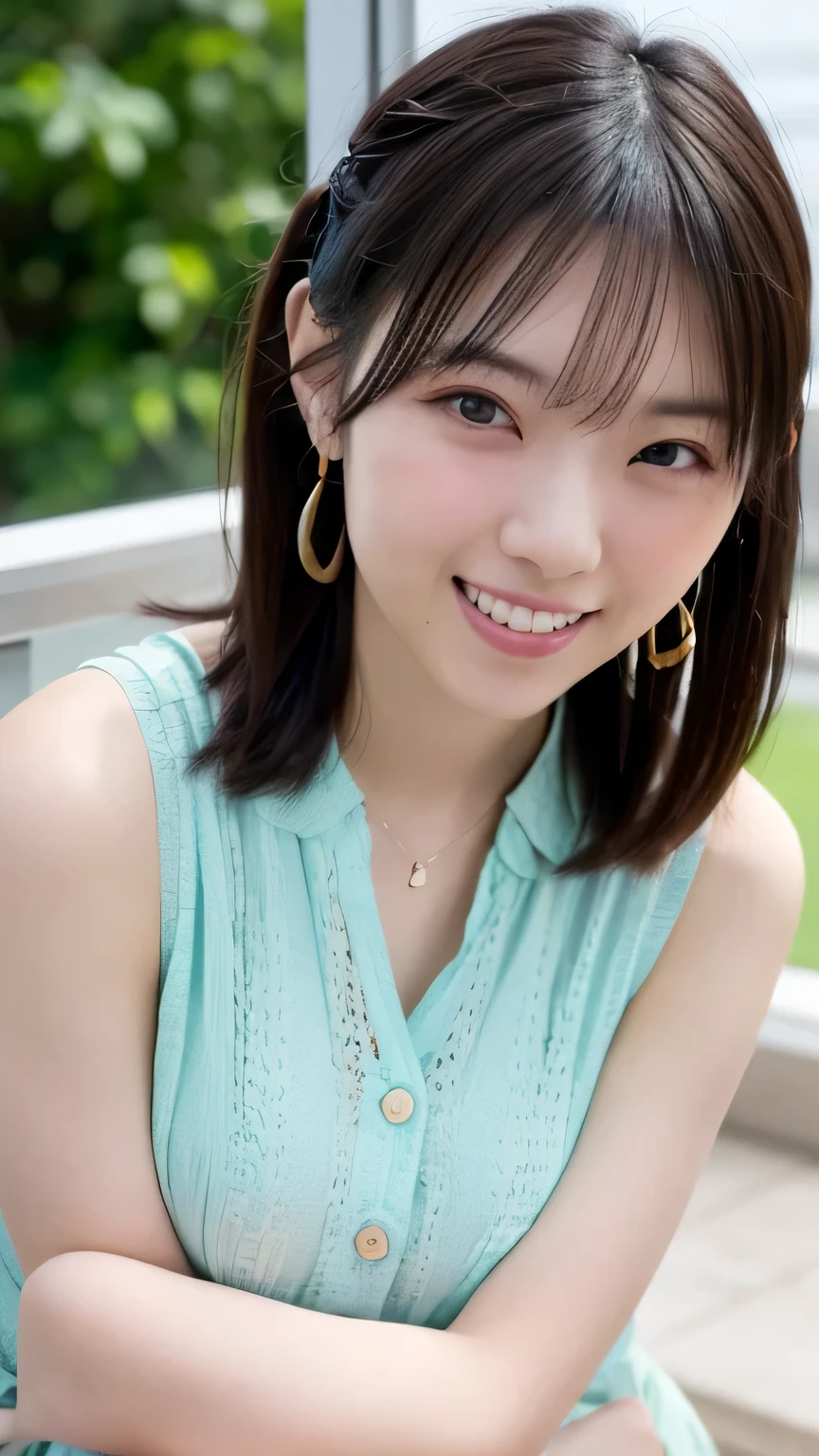  1 Japanese beauty , depth off field, first-person view, f/1.8, 135mm, Nikon, 超high definition, retina, masterpiece, accurate, anatomically correct, textured skin,Very white skin、 clear skin 、 Super Detail, high detail, high quality, Best Quality, high definition, 1080P, high definition, 8k, (big boob:1.2), (cleavage of boob:1.2)、Japanese beauty 1 person, (Big round eyes:1.4).(she has heterochromia, and her eyes are different colors, which makes her incredibly captivating)、(Drunken Blush Makeup)、round face、She is smiling very happily、INSANELY BEST SMILE、is smiling with her mouth open、Her front teeth are neatly arranged、cute little vampire fangs、(Braided Top Knot,twisted side part ponytail、Braided Headband,half up、Braided Space Bang,voluminous fishtail braid,Twisty Bang)、(She's wearing a sleeveless lace blouse(pale mint green))、office at sunset、She is sitting in a window seat、I can see a skyscraper city out the window